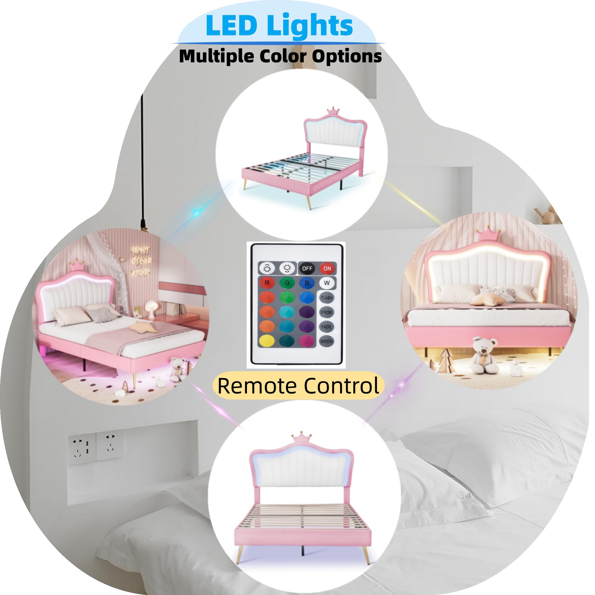 Linique Full Size Upholstered Bed Frame with LED Lights - Modern Princess Bed with Crown Headboard in White & Pink | Perfect for Girls' Bedroom, Teen Room & Luxury Bedroom Decor