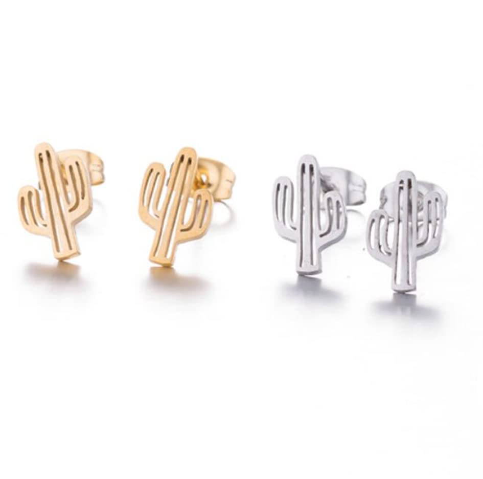 2 Pairs Stainless Steel Cactus Stud Earrings for Women & Men - Gold & Silver Tiny Stud Earrings Set - Perfect for Everyday Wear, Gifts & Boho Fashion