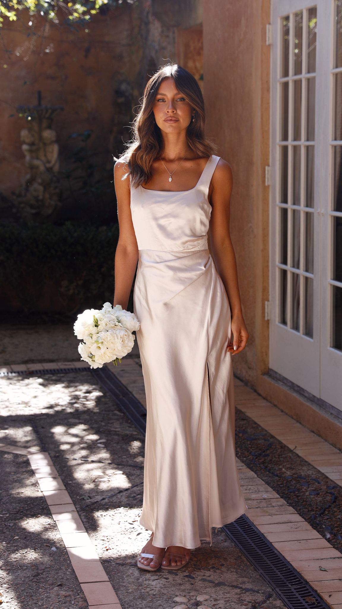 Alaria Maxi Dress in Champagne - Elegant Long Flowy Summer Dress for Women | Perfect for Beach, Wedding, and Evening Occasions