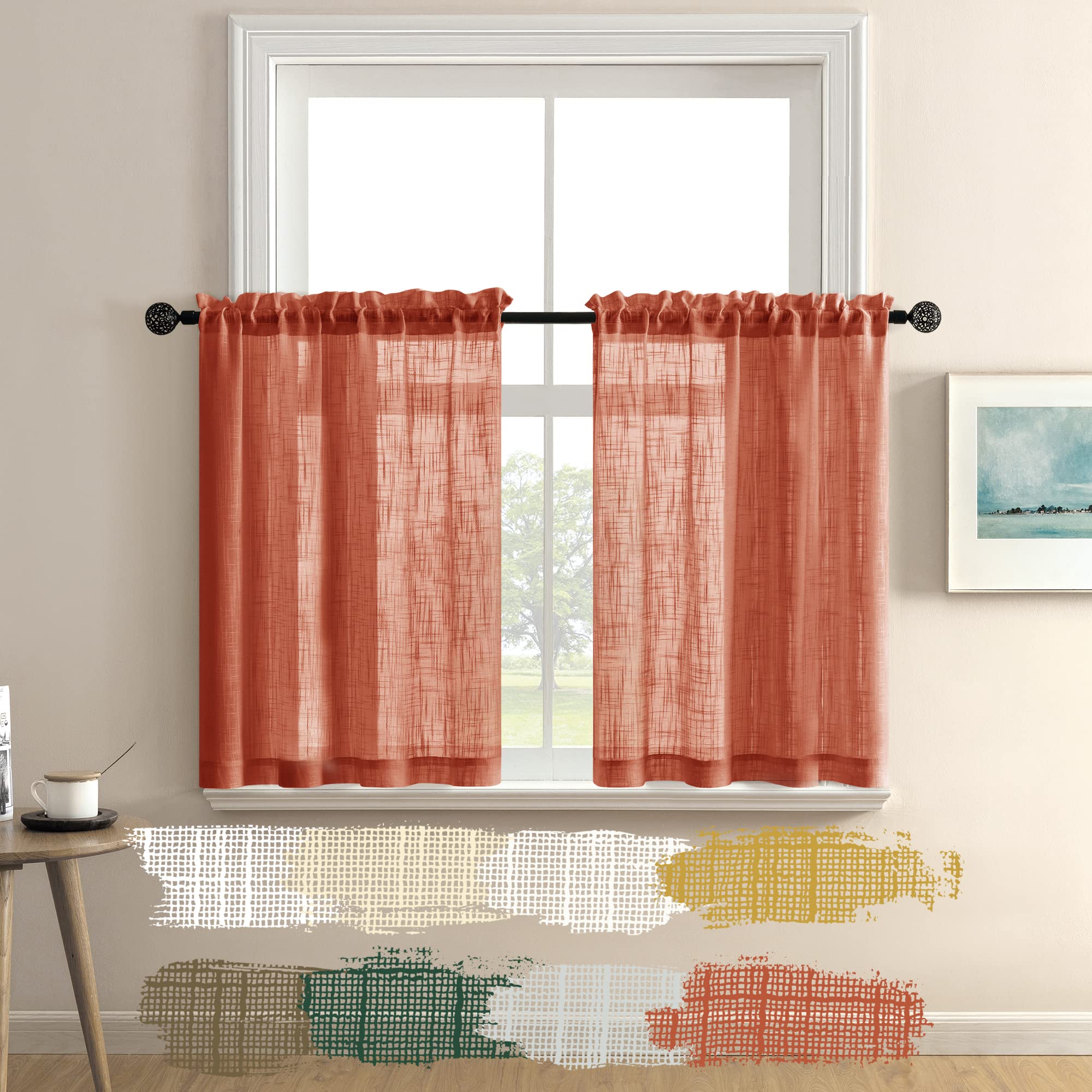 XTMYI Boho Sheer Burnt Orange Curtains - 24 Inch Length Fall Kitchen Decor, Pumpkin Color Window Treatments for Bedroom & Bathroom - Perfect for Autumn Home Styling & Seasonal Window Coverings