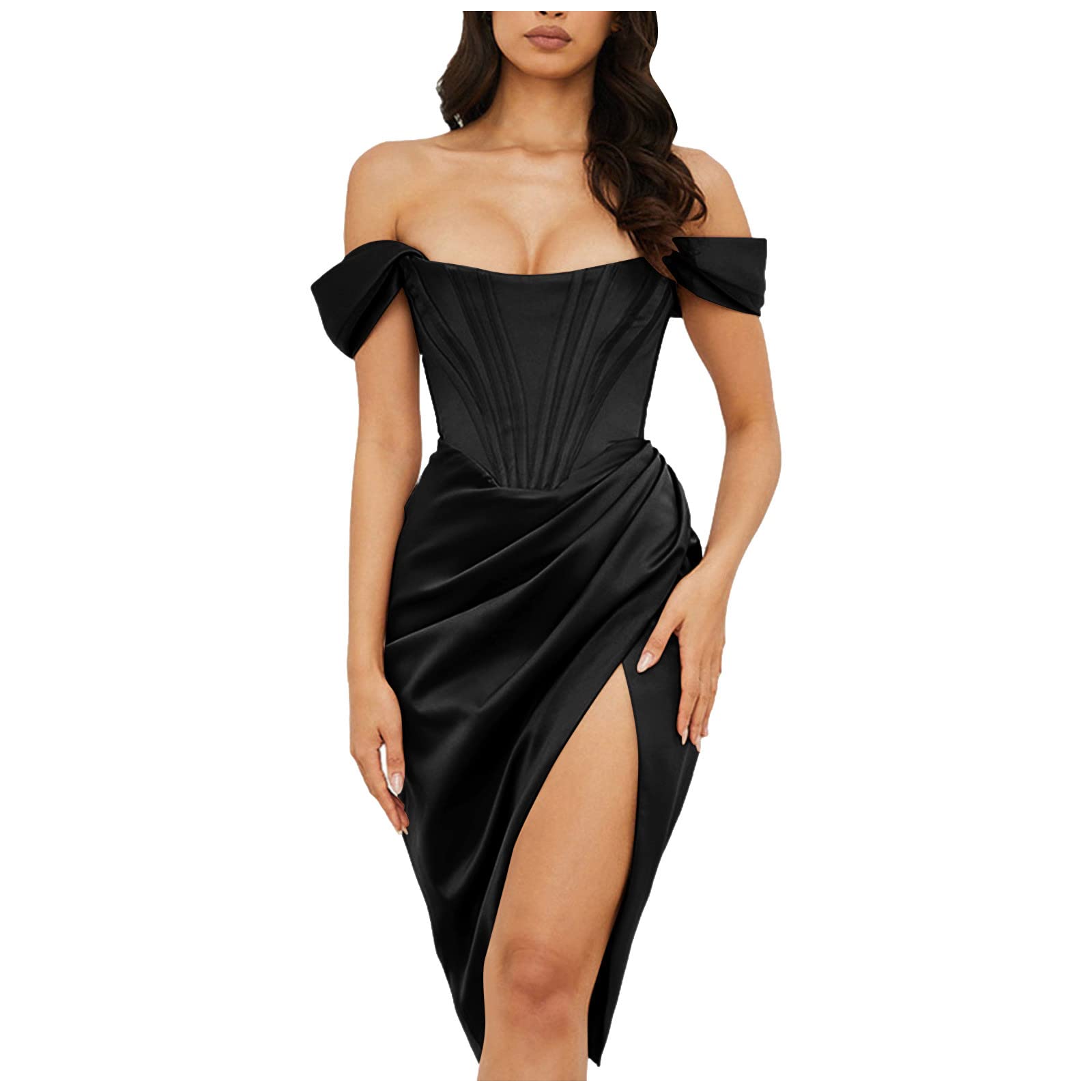 QWKLEAJ Women's Off Shoulder Backless Cocktail Dress - Sexy Side Slit Solid Color Evening Party Midi Dress, High Waist Long Dress for Night Out, Wedding Guest, Prom, Date Night & Special Occasions
