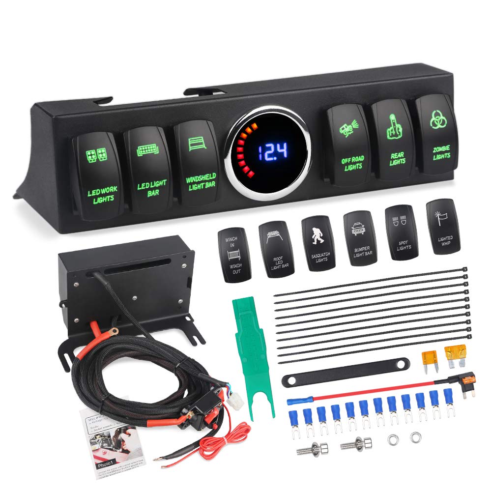 **WATERWICH 6-Switch Pod Toggle Switch Panel for Jeep Wrangler - Overhead & Source Control System with Wiring Harness Kit, 12 Switch Covers & Clip Remover (Green) - Perfect for Off-Roading & Custom Upgrades**
