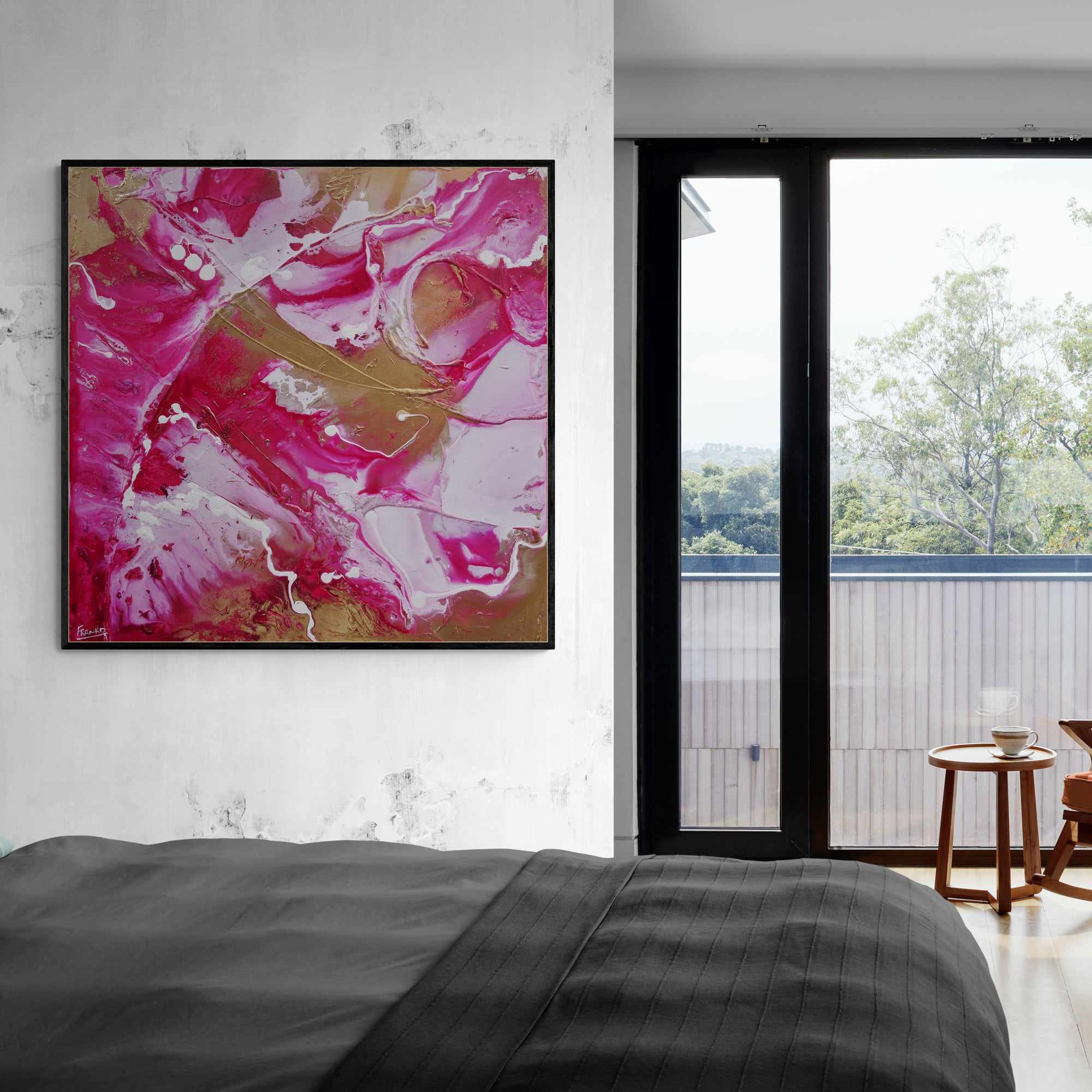 120cm x 120cm Gold Pink White Textured Abstract Canvas Painting - Modern Wall Art for Living Room, Bedroom & Office Decor