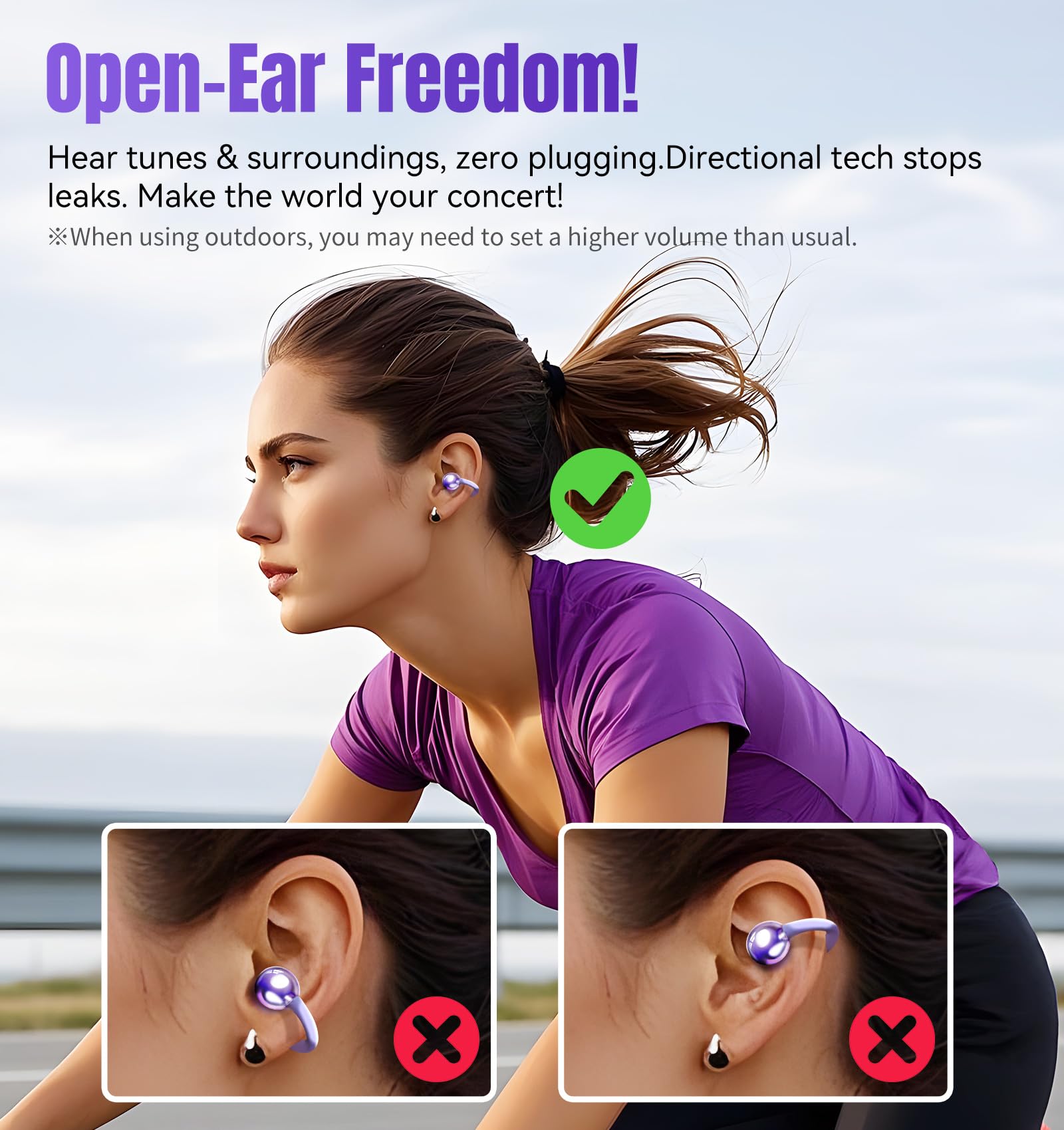 King Lucky Clip-On Open Ear Wireless Bluetooth 5.4 Headphones with Mic - 50H Playtime, Noise Cancelling, IPX5 Waterproof, Secure Fit for Small Ears & Glasses Wearers - Ideal for Running, Workouts, Gym & Outdoor Sports (Purple)