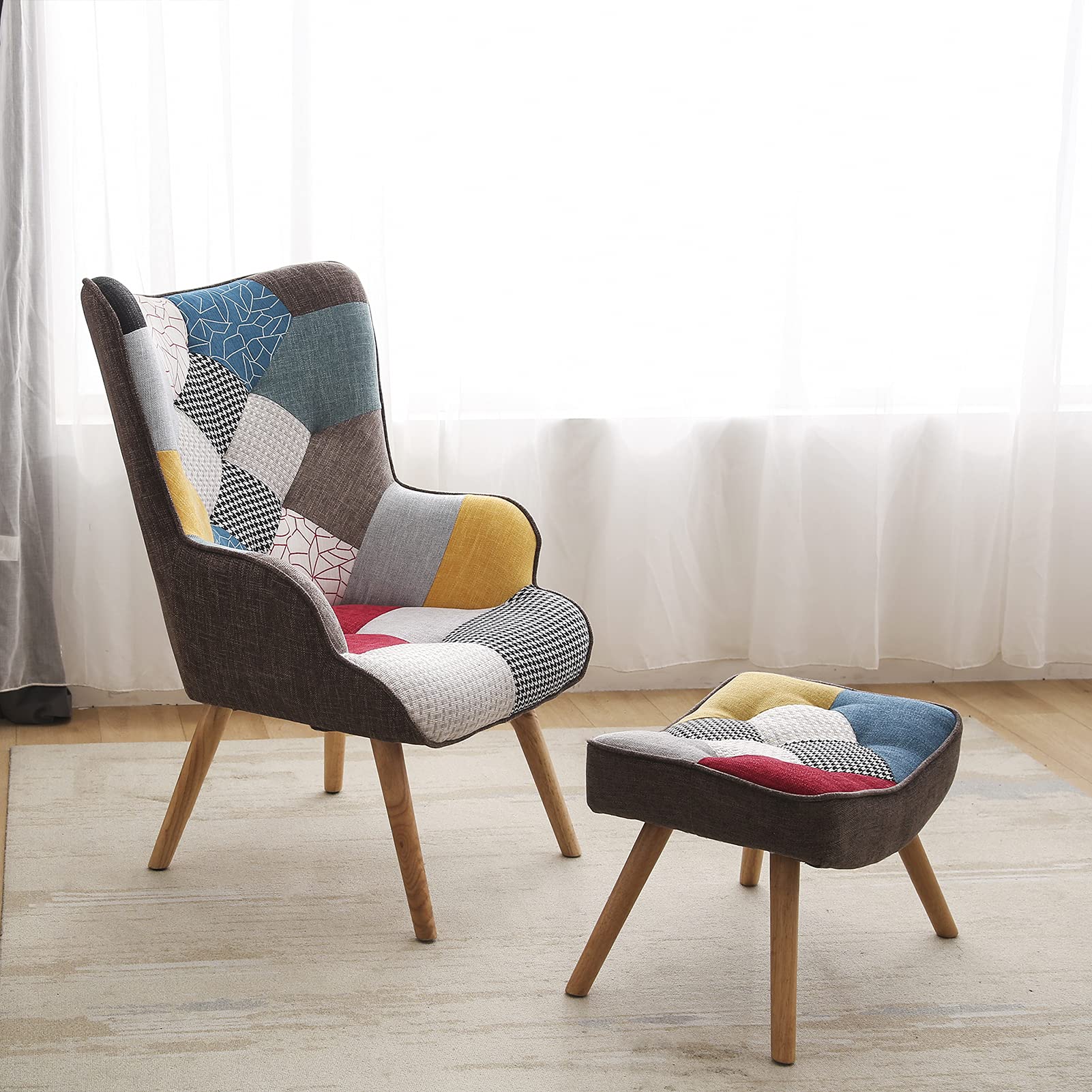 VEAREAR Modern Patchwork Reading Chair & Ottoman Set - Colorful Linen Fabric Armchair with Solid Wood Legs, Comfortable Accent Chair for Living Room & Bedroom - Perfect for Reading Nook, Lounge Area, and Home Office Relaxation