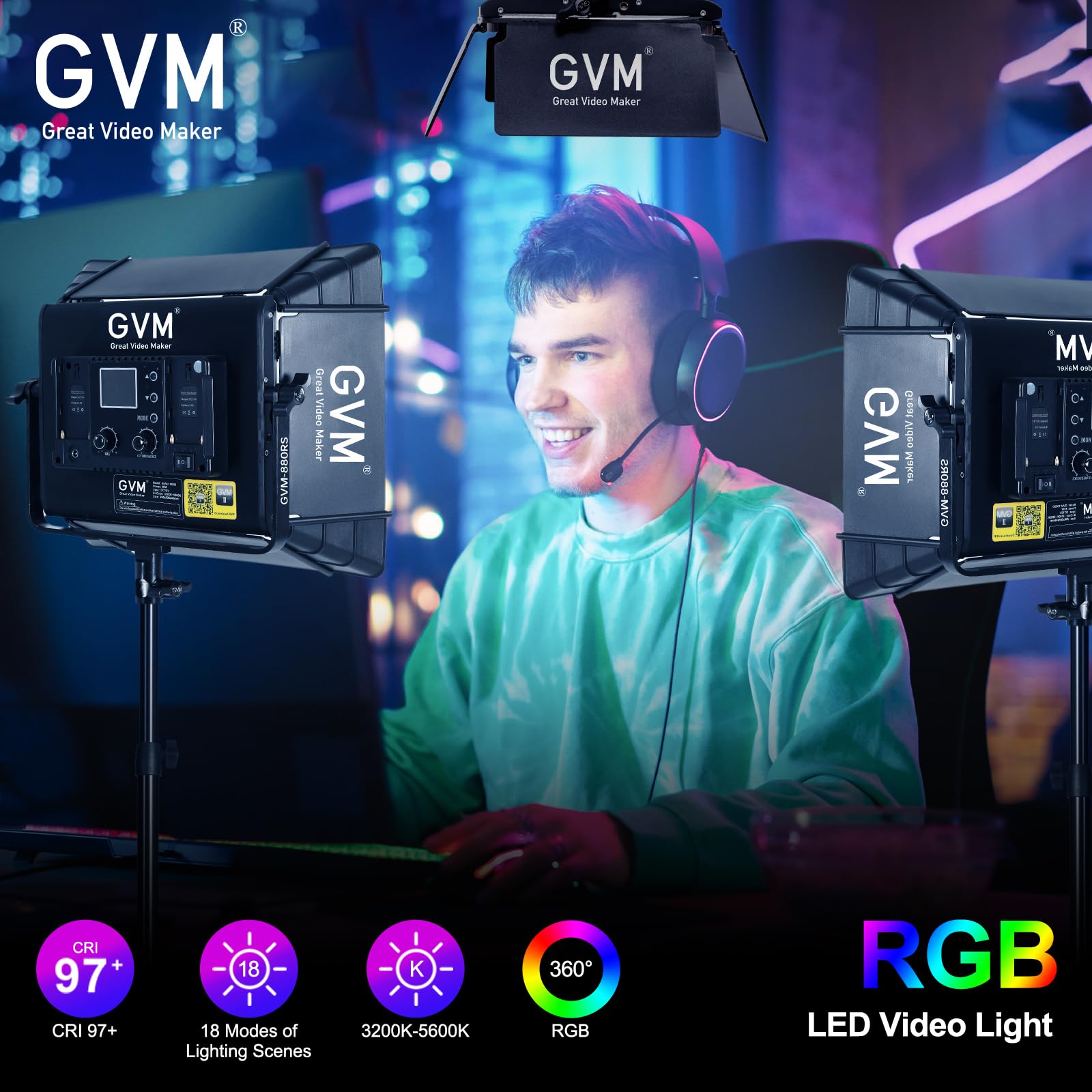 GVM RGB LED Photography Lighting Kit with 3 Softboxes - 880RS 60W Studio Lights with Bluetooth Control, 18 Lighting Scenes for YouTube Videos, Product Photography & Live Streaming - 8330lux/0.5M Brightness