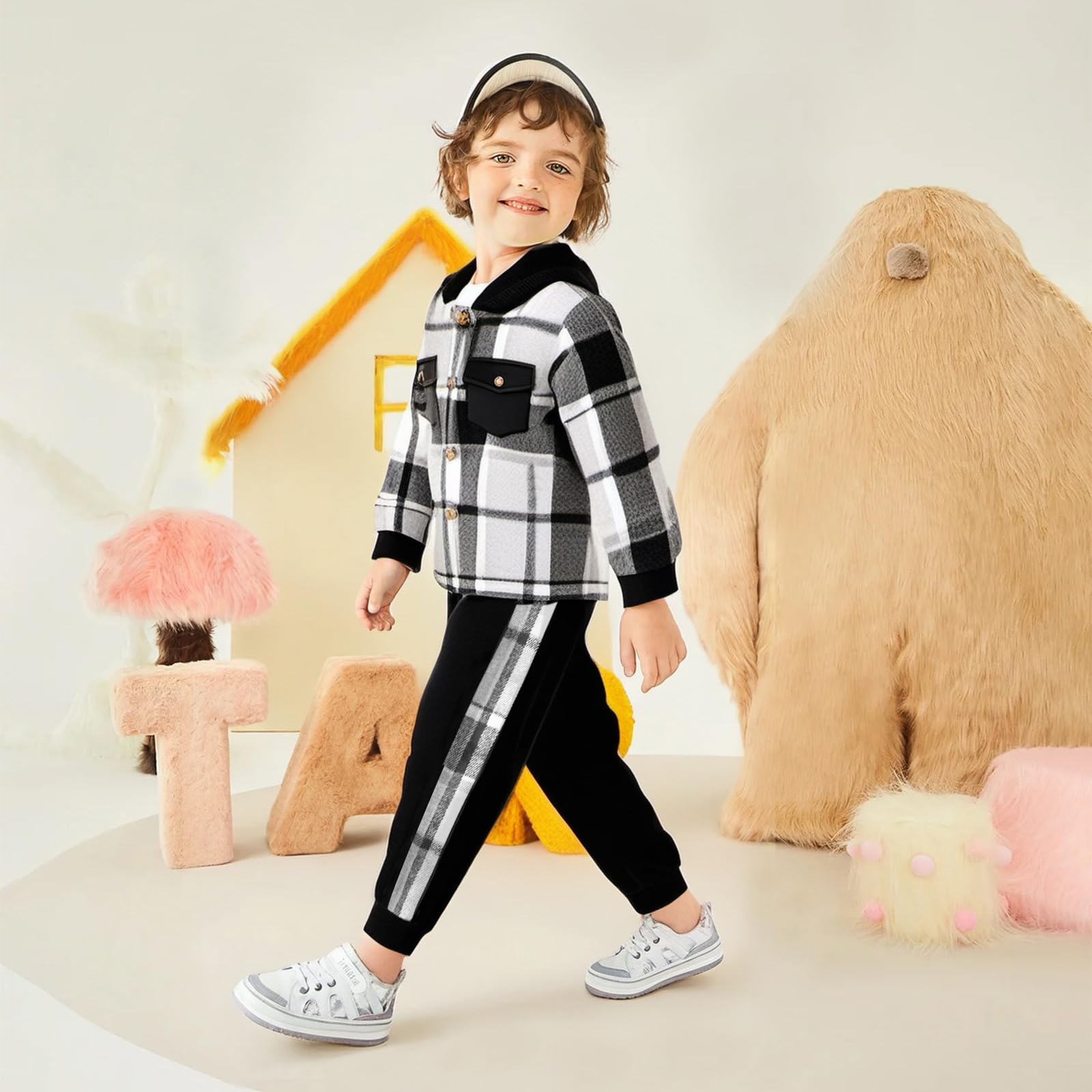 Boys' Winter Outfit Set - Plaid Hooded Shirt, White T-Shirt & Solid Pants (3-Piece) | Toddler Clothes for Cold Weather Playdates & Outdoor Activities