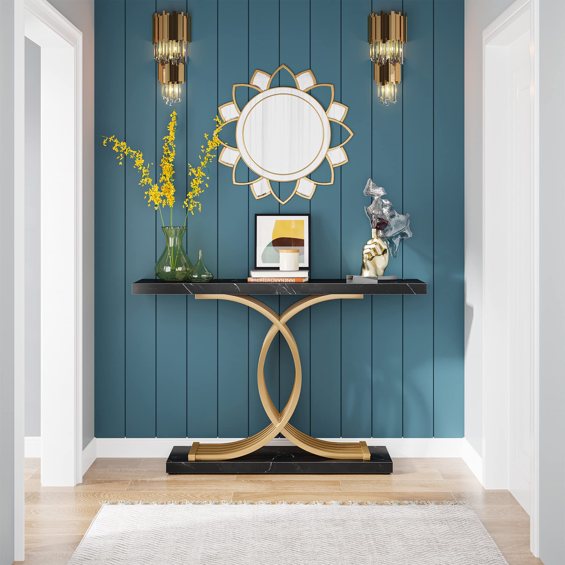 Tribesigns 39-Inch Modern Gold Entryway Console Table with Geometric Metal Legs - Faux Marble Narrow Wood Sofa Table for Foyer, Living Room, Hallway - Elegant Home Decor (Gold & Black)