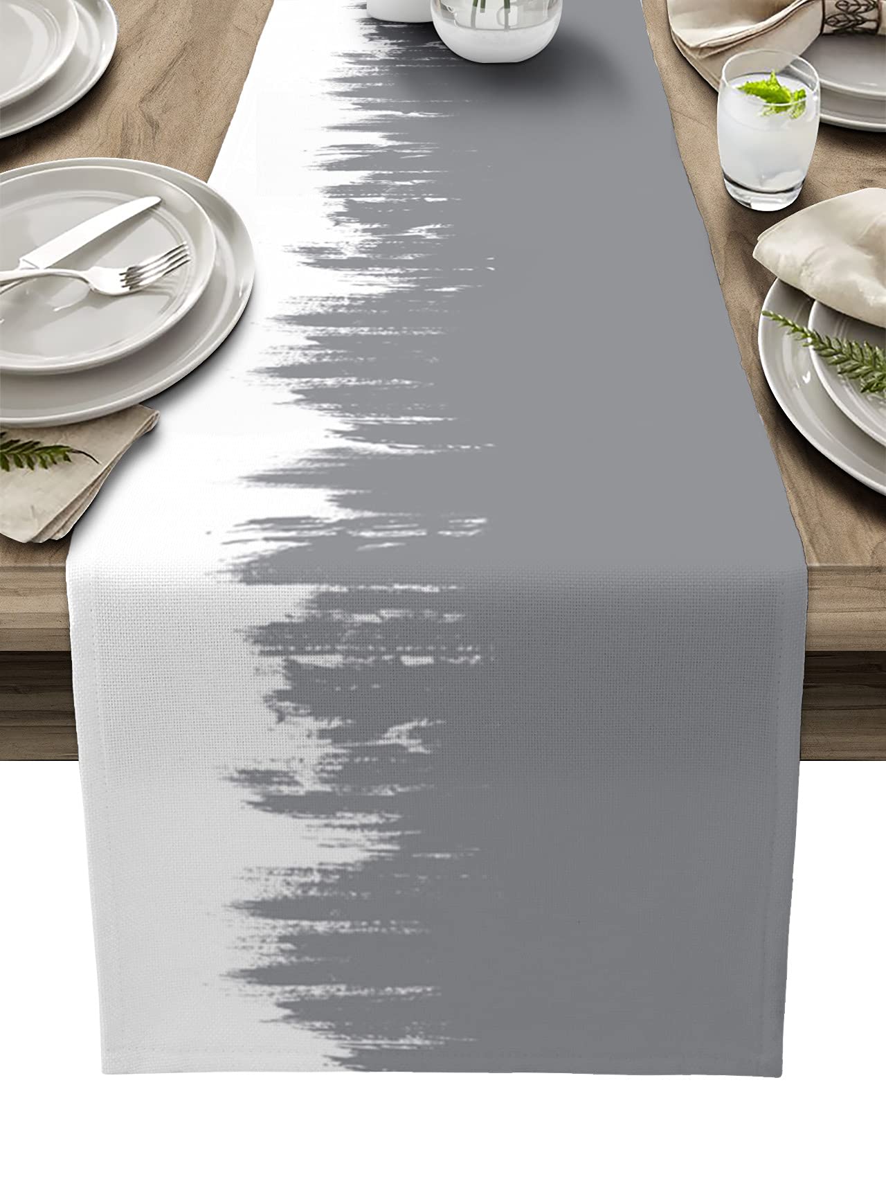 Abstract Grey White Art Table Runner 120 Inches Long - Cotton Linen Table Decor for Dining, Coffee, Party & Wedding - Perfect for Farmhouse, Rustic and Modern Home Decor