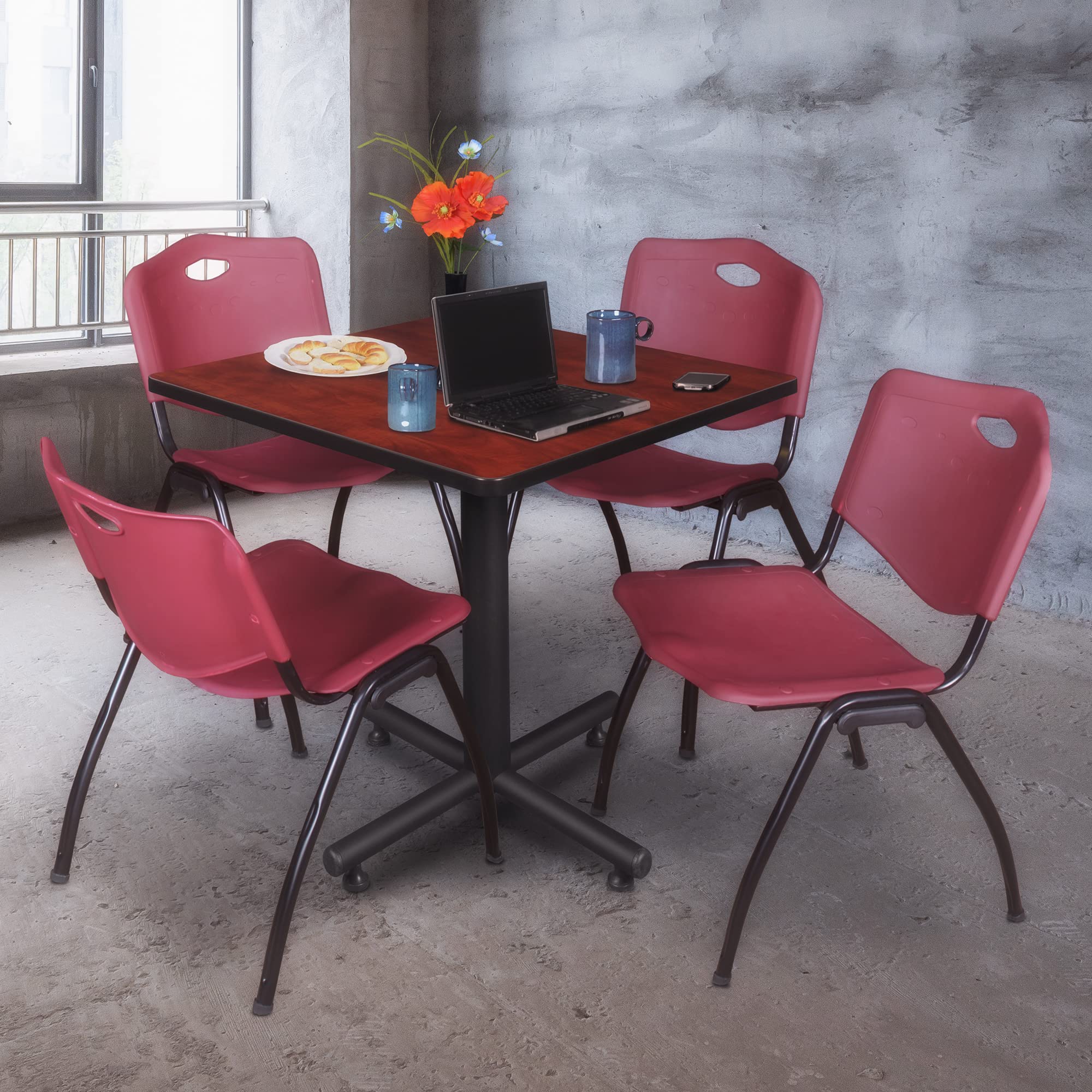 Regency Kobe 30-Inch Square Breakroom Table with 4 Stackable Chairs - Cherry Wood & Burgundy Upholstery - Office, Conference Room, Cafeteria Dining Furniture Set