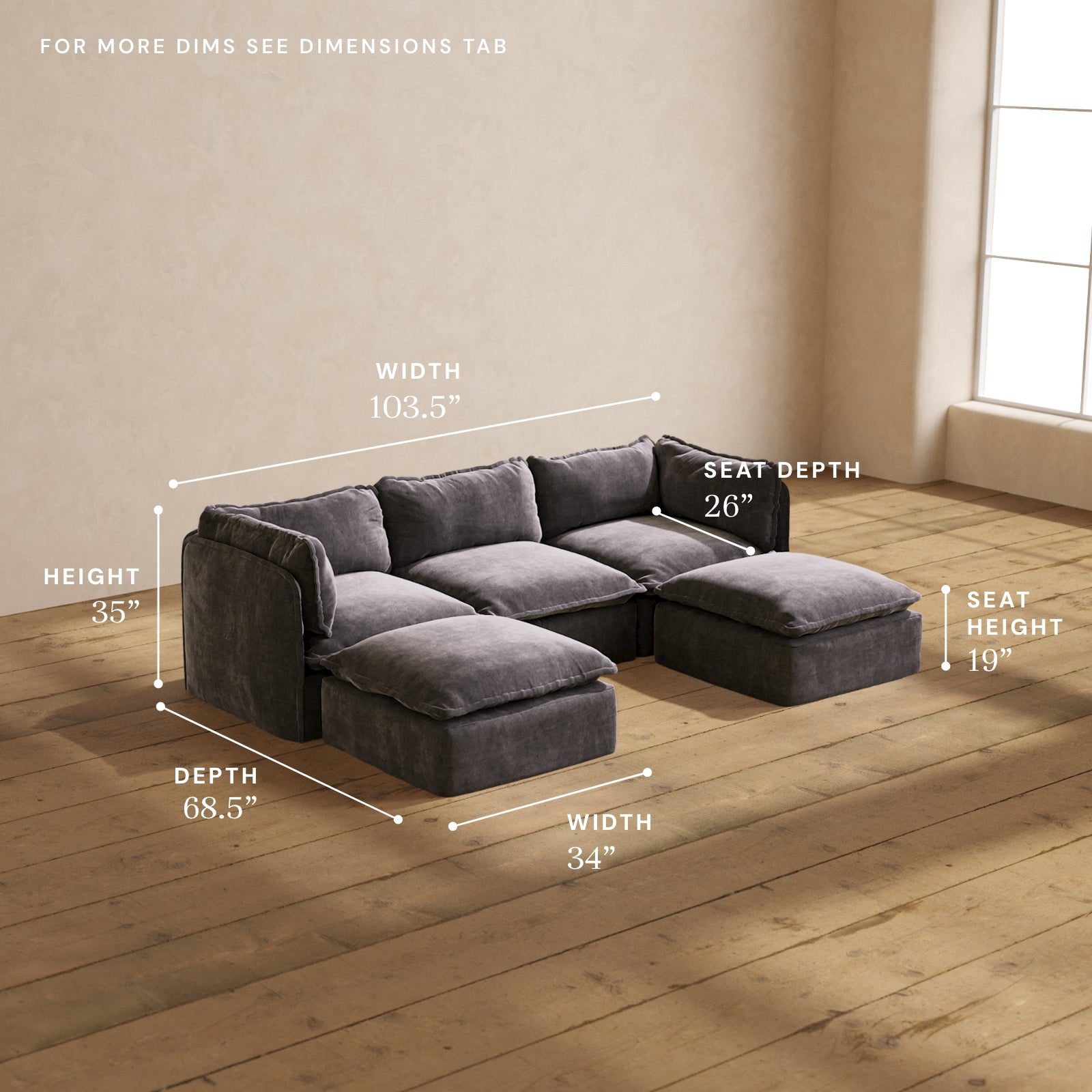 Modular Performance 3-Seater U-Shaped Sectional Sofa in Cinder Gray | Premium Relaxed Blend Fabric | Perfect for Living Room, Family Room & Home Theater