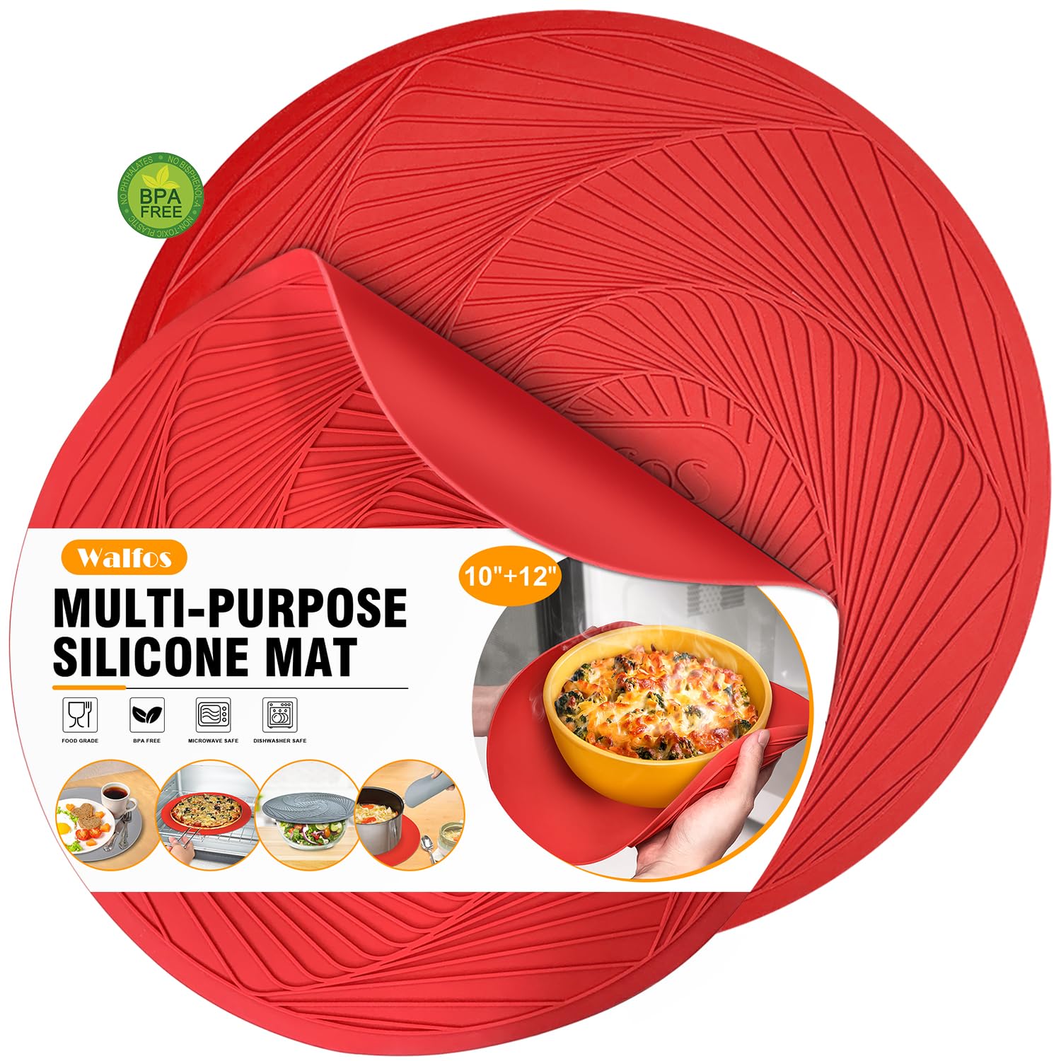 Walfos 12-Pack 10 Inch Silicone Microwave Mats - Non-Slip Heat Resistant Splatter Cover & Trivet for Kitchen - Perfect for Microwave, Oven, Hot Pans & Pots (Red) - Keep Countertops Clean While Cooking & Serving Hot Dishes