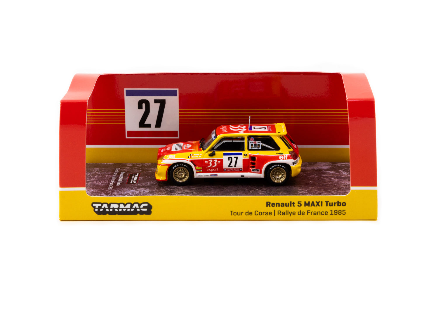 Tarmac Works 1/64 Scale Renault 5 MAXI Turbo Rally Car - Tour de Corse France 1985 #27 Diecast Model - Collectible Hobby64 for Car Enthusiasts & Display in Home Office or Man Cave