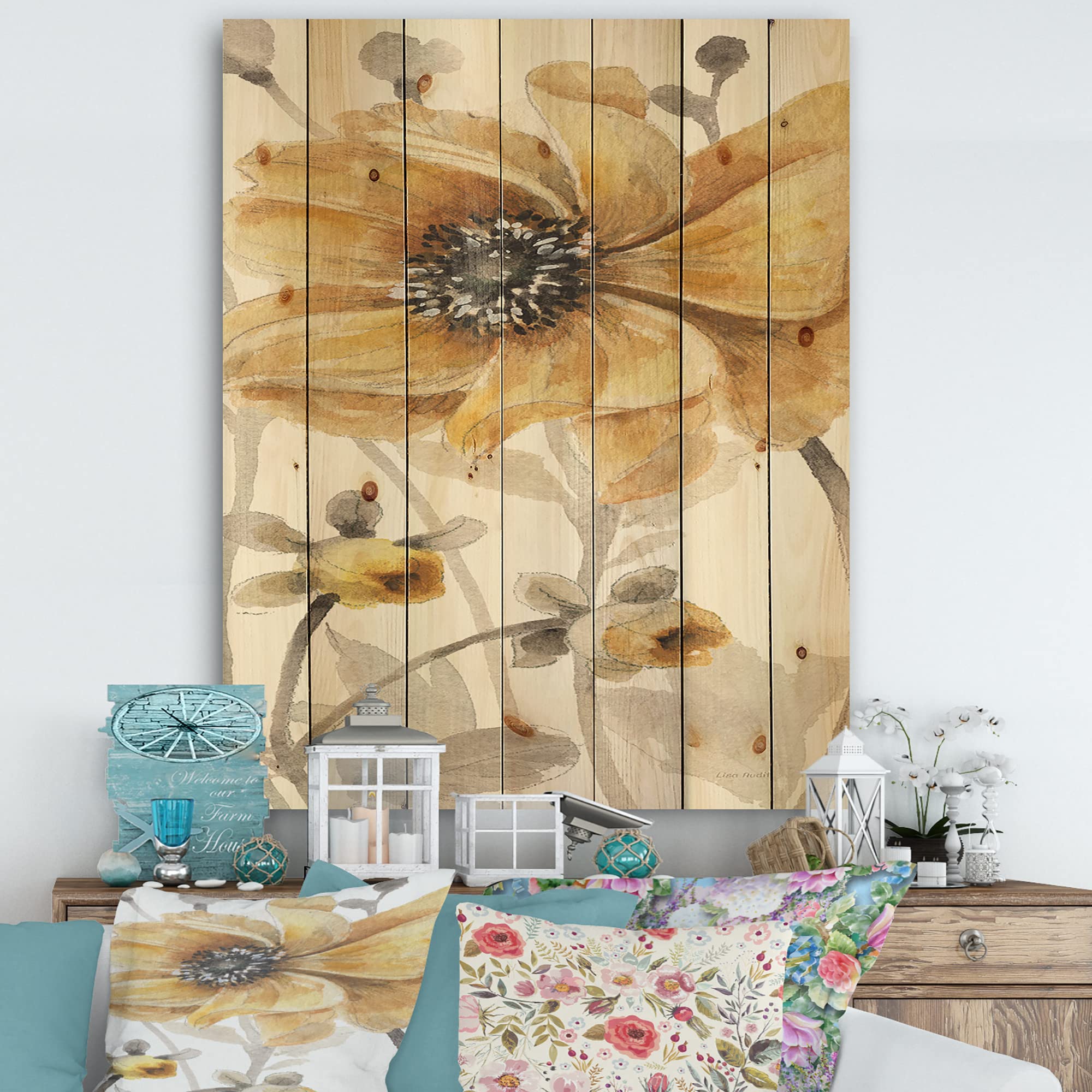 DesignQ Fields Of Gold VIII Traditional Wood Wall Decor - Yellow Floral Wood Wall Art, Large Pine Wood Wall Panels for Living Room, Bedroom & Office Decor