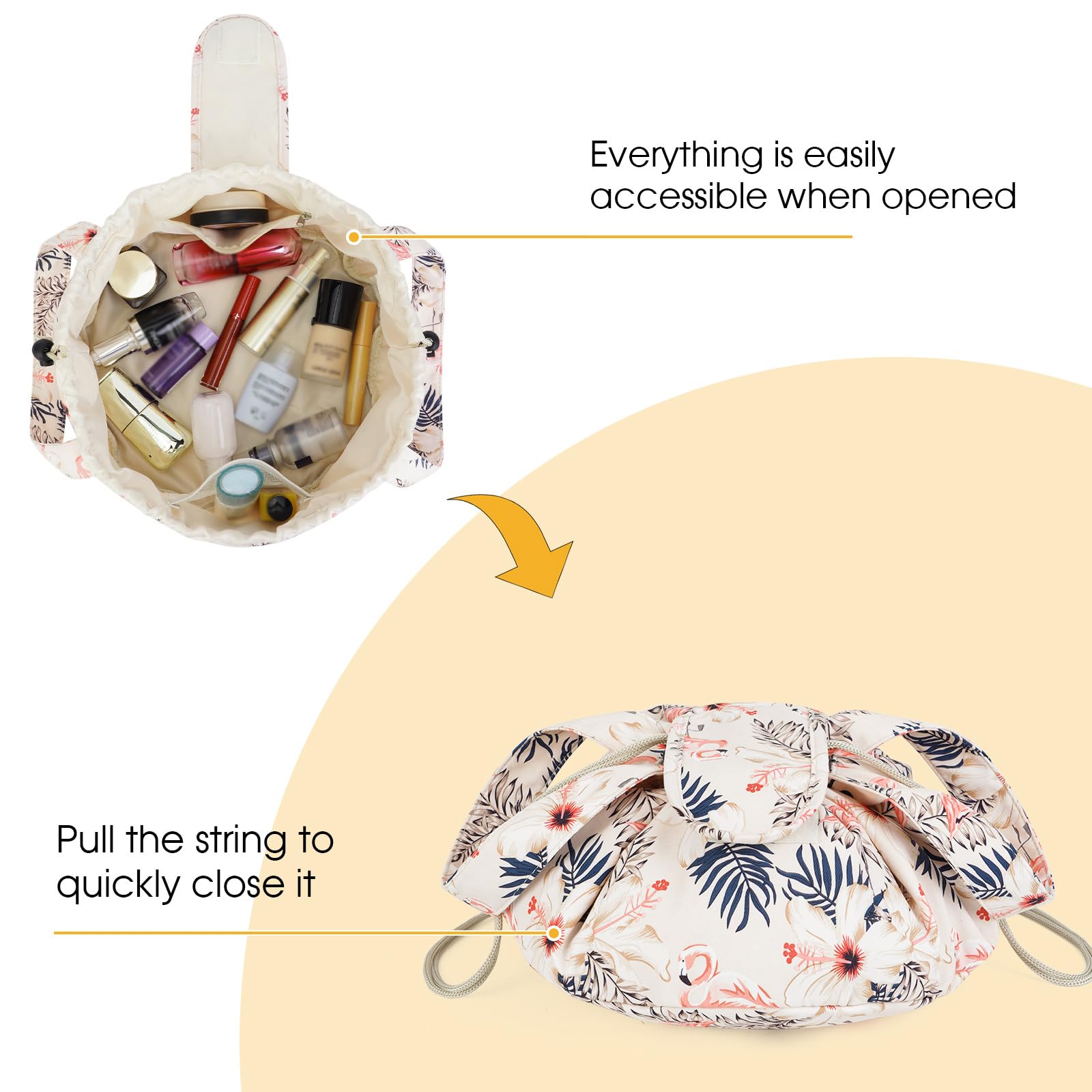 Floral Drawstring Makeup Bag for Women - Large Cosmetic & Toiletry Organizer with Patent Design (Beige Flamingo Print) - Perfect for Travel, Gym, and Daily Beauty Storage