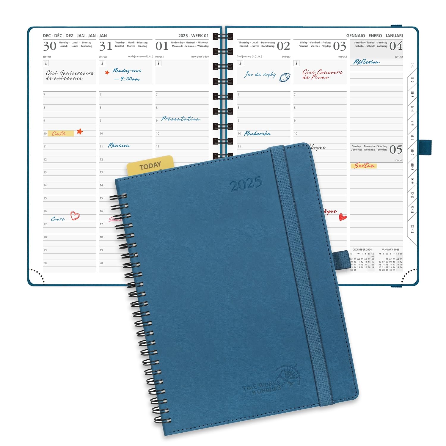 POPRUN 2025 Weekly Planner - 22 x 16.5 cm PU Leather Soft Cover Spiral Notebook, Vertical Layout (Jan 2025-Dec 2025), 12-Month Agenda with Bookmark Ribbon & 100 g/m² Paper - Night Blue | Perfect for Office, School & Personal Organization