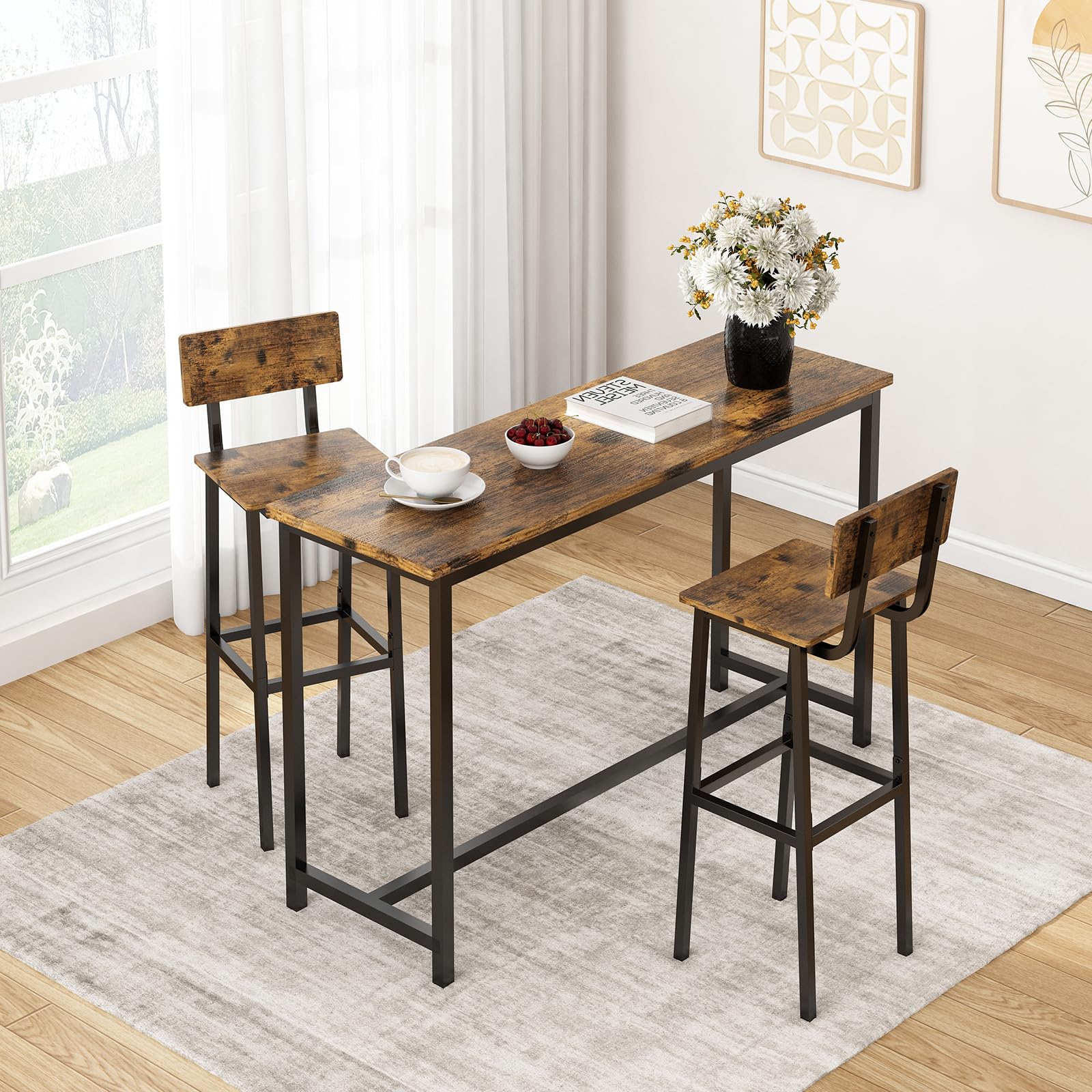 GILLAS Set of 2 Industrial Bar Stools with Backrest & Footrest - 30