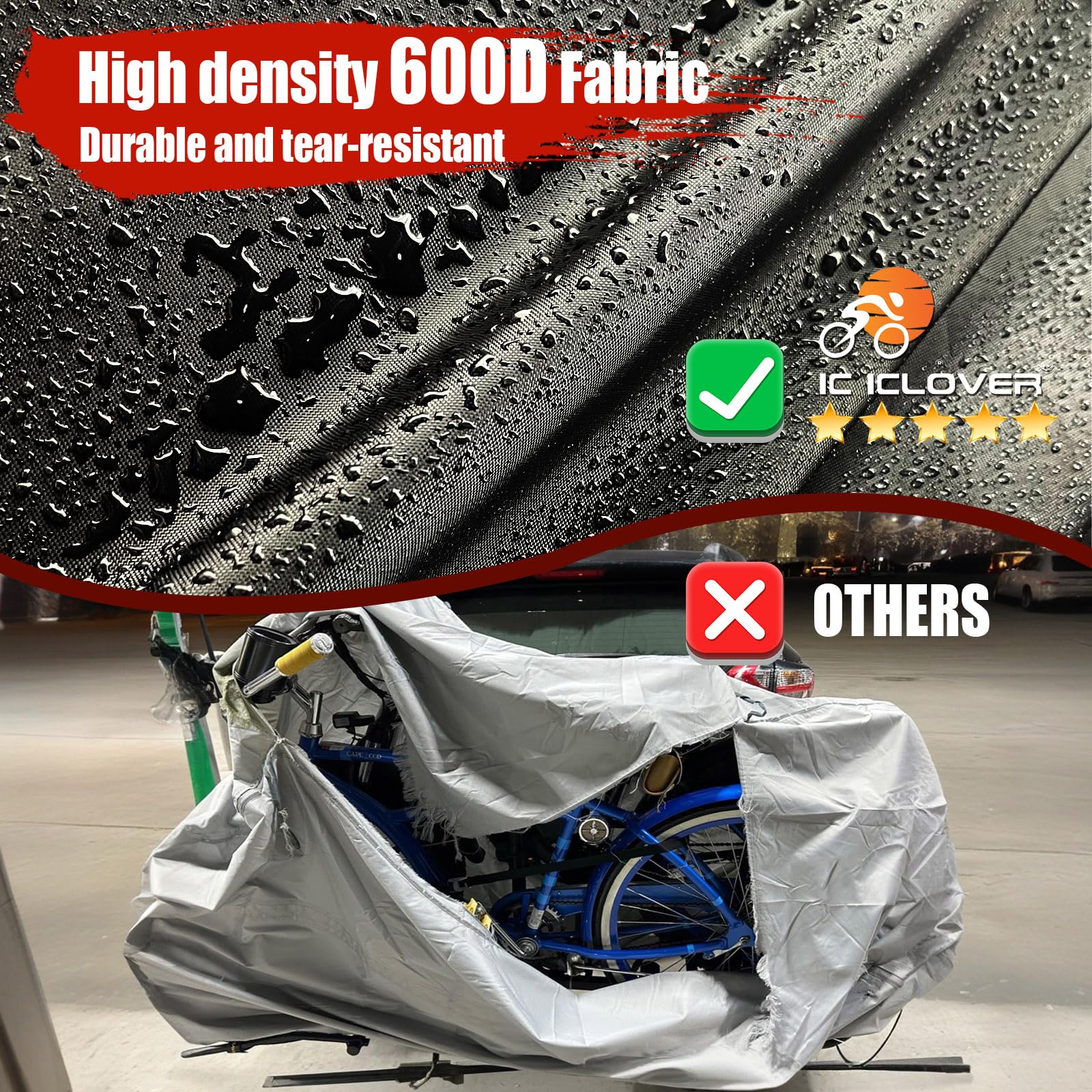 ICLOVER Waterproof Bike Cover for 2 Bikes - 600D Heavy-Duty Bicycle Transport Cover for Rear Hitch Rack - Universal Fit Outdoor Travel Storage Protection - Perfect for Road Trips, Camping & Cycling Adventures