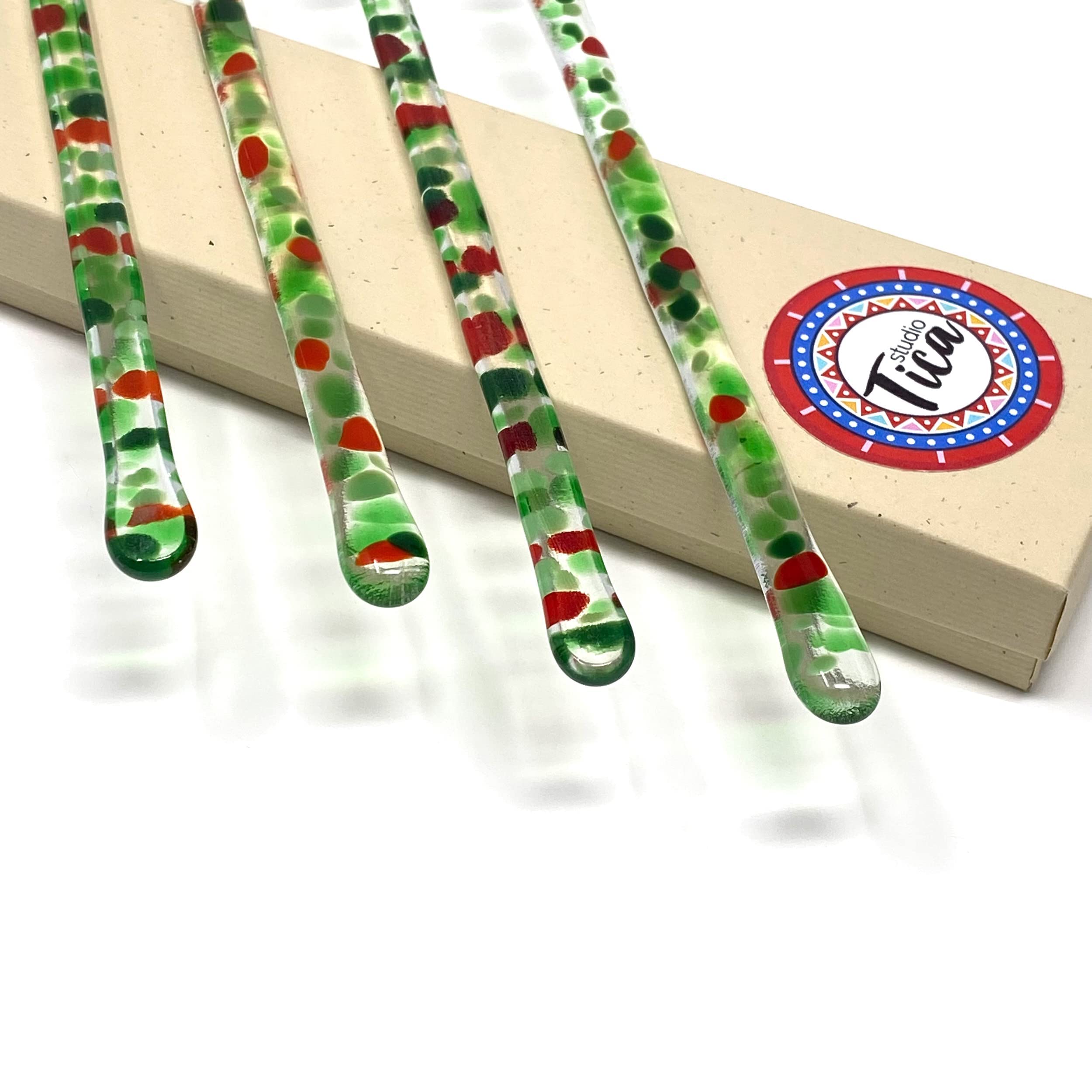 7.25 Inch Handmade Glass Stirrer Set of 4 - Christmas Holly Design - Perfect for Cocktails, Coffee & Hot Drinks - Elegant Gift Box Included - Ideal for Holiday Parties, Home Bars & Coffee Shops