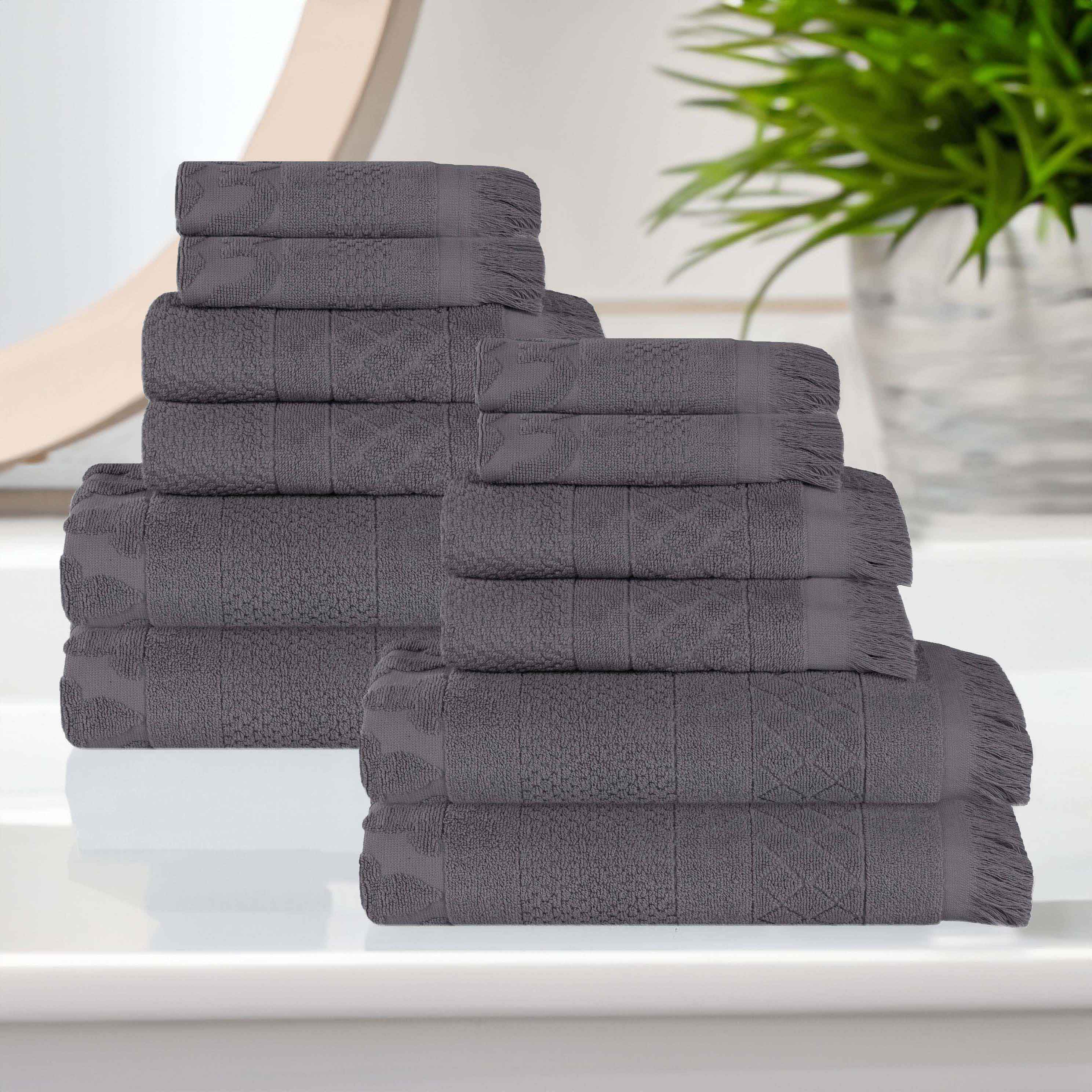 Rolla Cotton Geometric Jacquard Plush Soft Absorbent 12-Piece Bath Towel Set | Luxury Bath & Spa, Guest Bathroom Essentials
