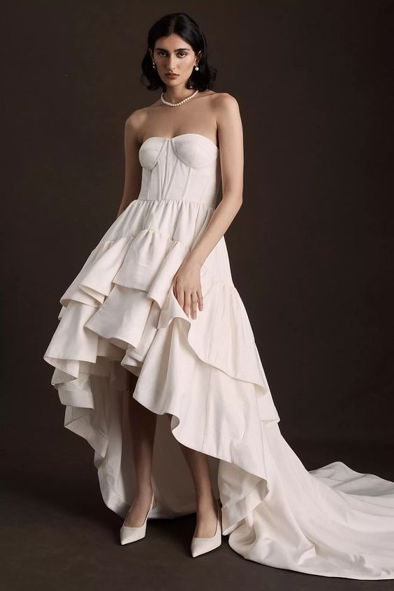 BHLDN Paisley Print High-Low Hem Strapless Moire Formal Gown - Perfect for Weddings, Prom & Special Occasions