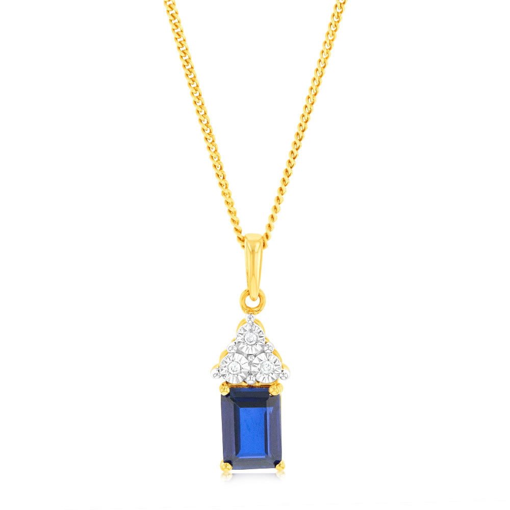 9ct Yellow Gold 7mm Created Sapphire and Diamond Pendant Necklace - Elegant Jewelry Gift for Women, Perfect for Weddings, Anniversaries and Special Occasions