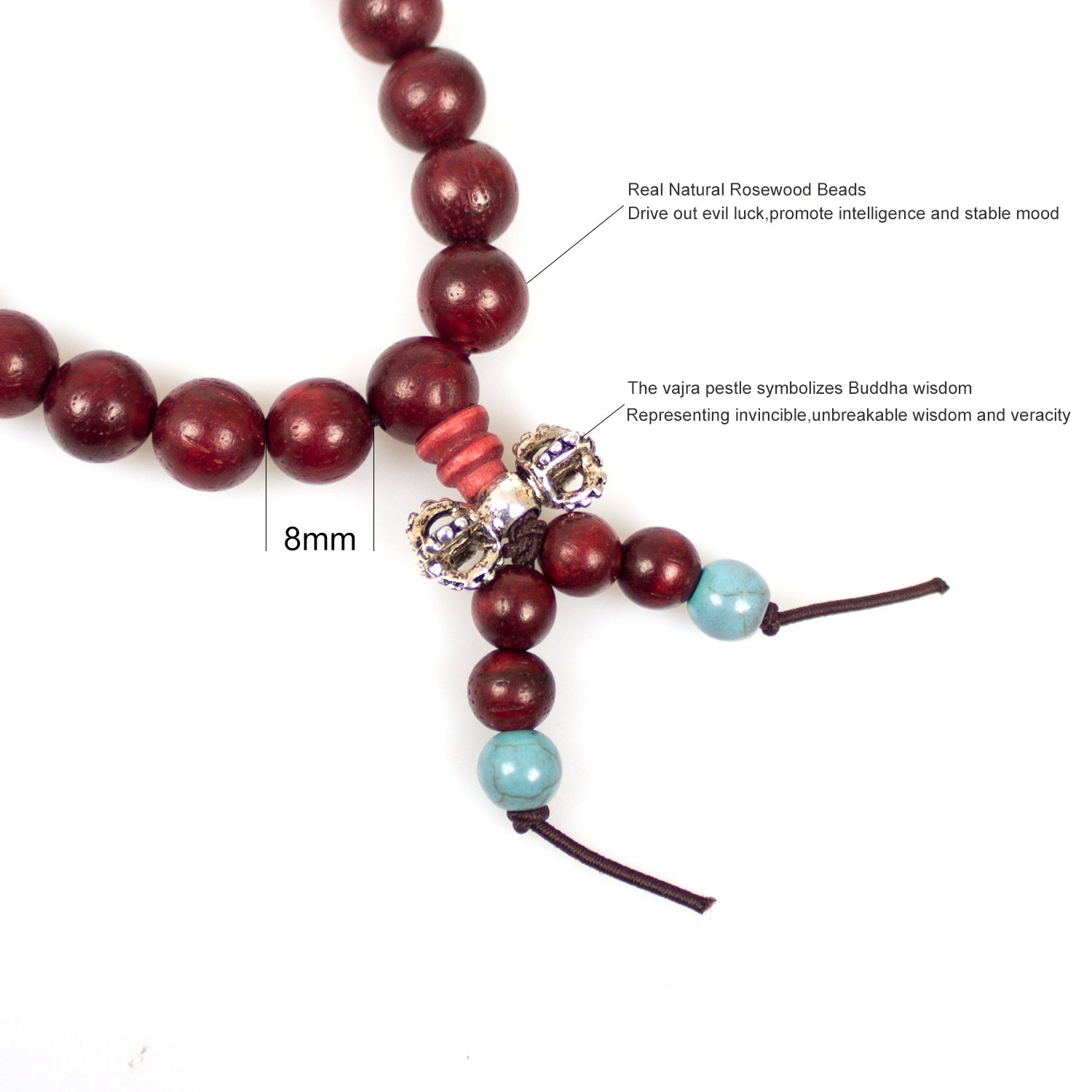 8mm Tibetan Buddha 108 Turquoise & Red Rosewood Prayer Mala Beads - Meditation Bracelet for Yoga, Mindfulness & Spiritual Practice