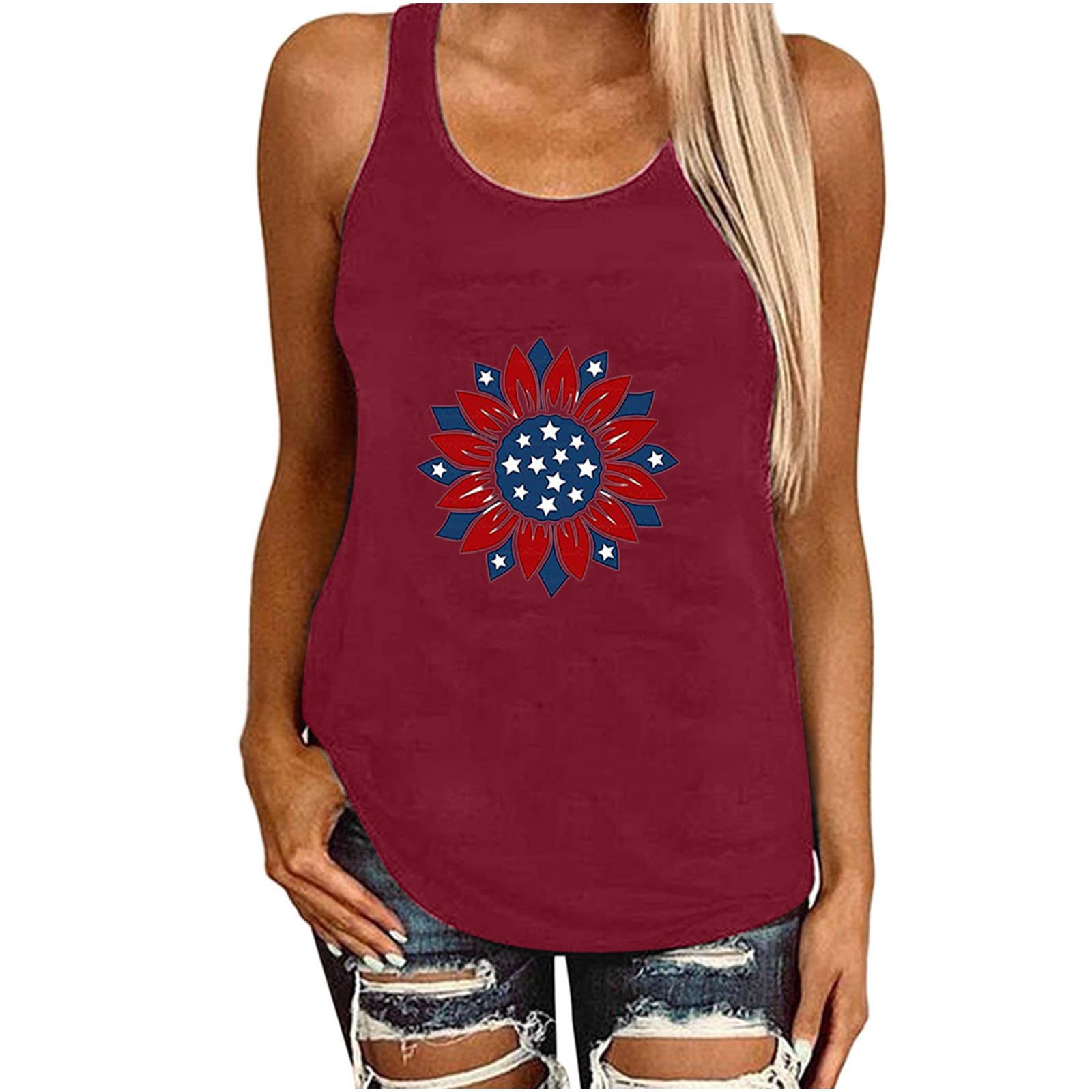 Ceimmol Women's Sunflower USA Flag Print Tank Top - Sleeveless Loose Fit Casual Tee for July 4th, Summer Yoga & Patriotic Outfits