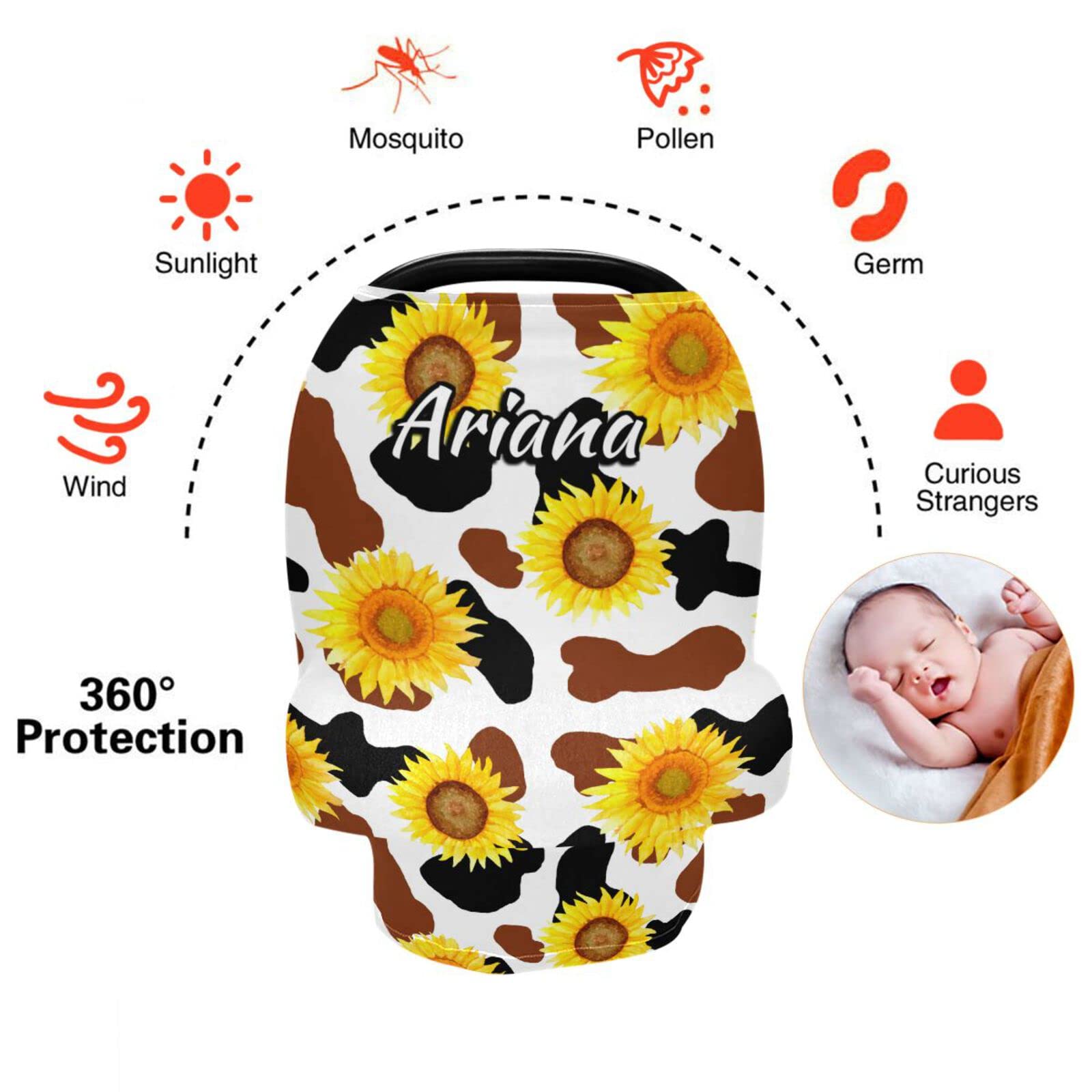 Personalized Cow Sunflower Stretch Baby Car Seat Canopy - Custom Infant Stroller Cover, Nursing Scarf & Shopping Cart Cover for Newborns | Perfect for Outdoor Walks, Shopping & Breastfeeding