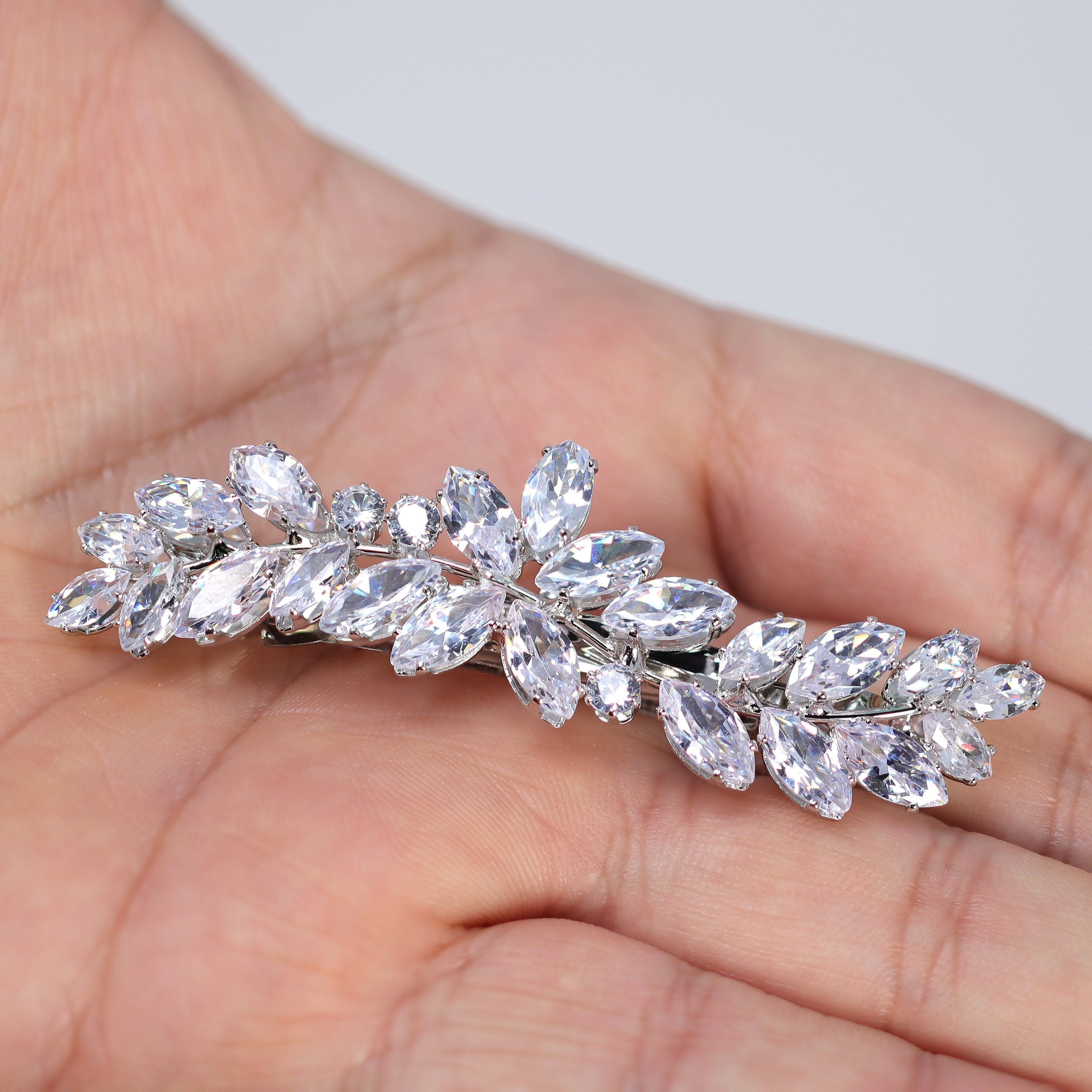 Elegant Silver Floral Leaves Wave CZ French Hair Clip - Bridal Hair Accessories, Wedding Hairpins, Bridesmaid Gifts - Perfect for Weddings, Prom, Parties & Special Occasions