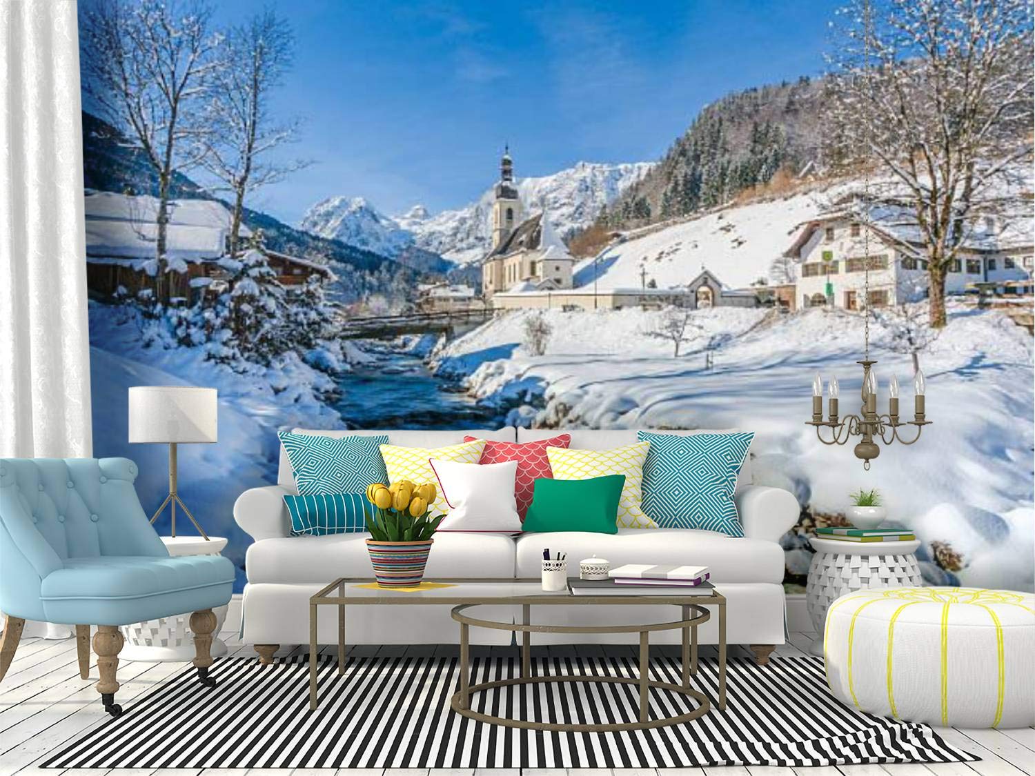 RECETHROWS Alpine Winter Landscape Wall Mural - Peel & Stick Self-Adhesive Wallpaper with Church Scene - Large Removable Vinyl Film for Home Decor | Perfect for Living Room, Bedroom, and Office Walls