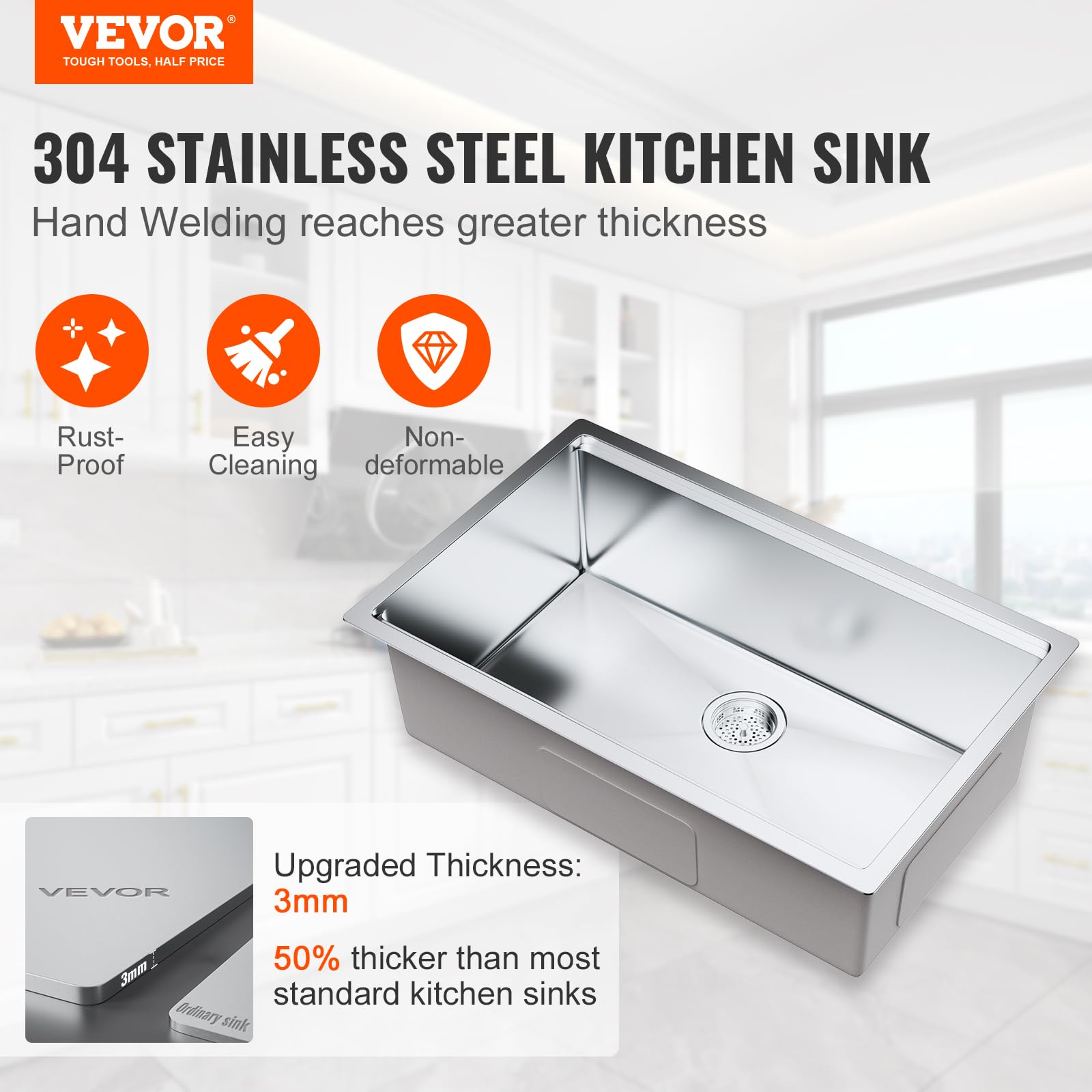 VEVOR 30 Inch 304 Stainless Steel Kitchen Sink - Single Bowl Drop-In/Undermount Design with Drainboard & Accessories - Perfect for Home Kitchens, RV, Prep Stations & Bars - Durable & Stylish Sink for Dishwashing, Food Prep & Entertaining