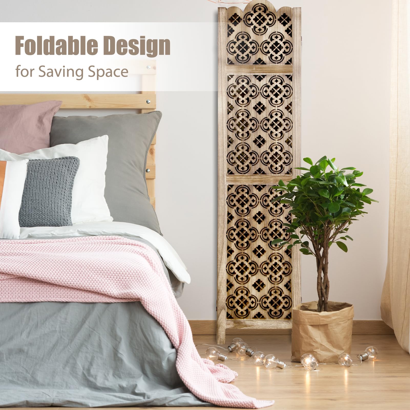 ECOMEX 5.6Ft Wooden Room Divider with 4 Panel Cutout Design - Fully Assembled Folding Screen for Home, Office, Restaurant & Bedroom - Natural Brown Wall Partition for Privacy & Space Decoration