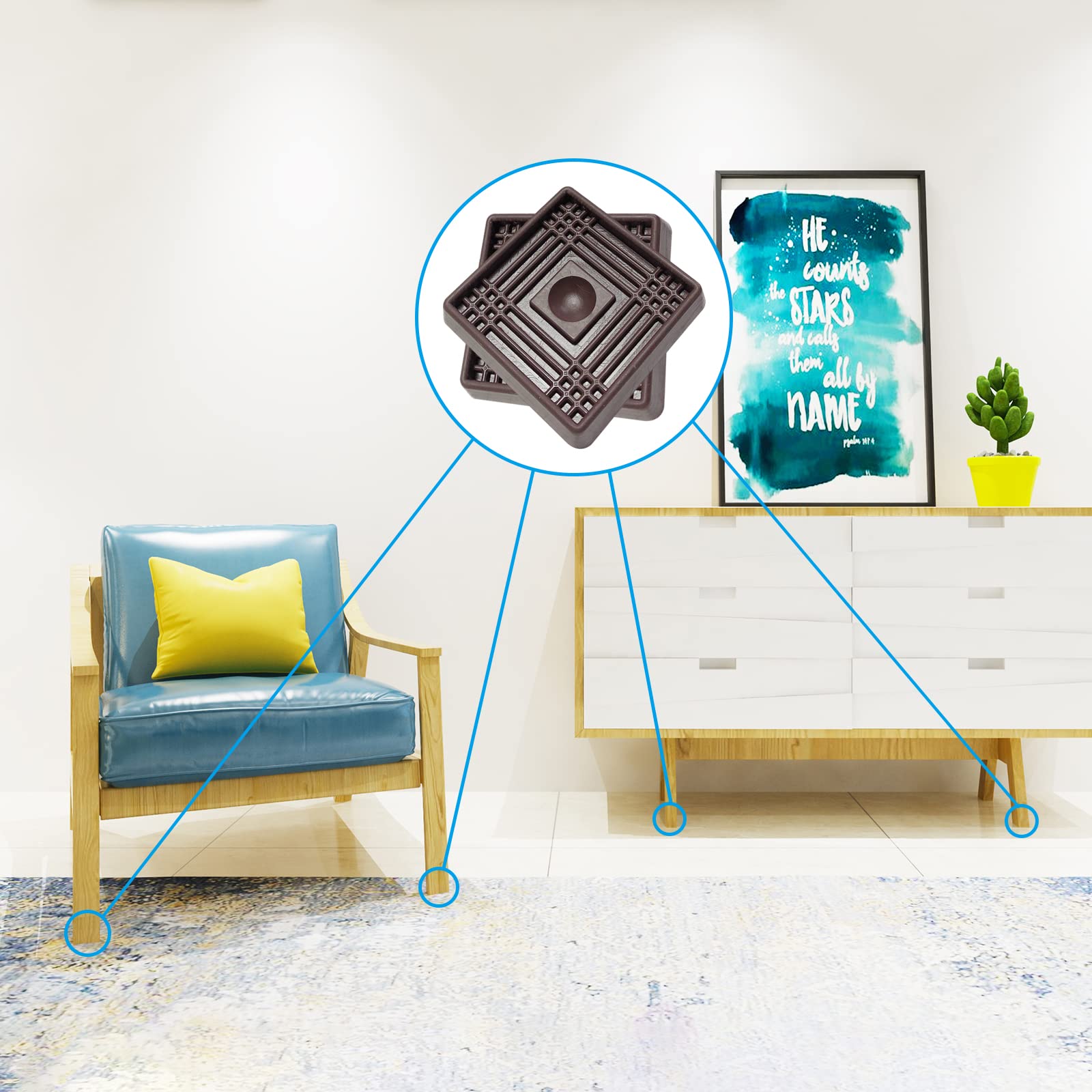 2X2 Inch Square Rubber Furniture Caster Cups - Non-Slip Floor Protectors (4 Pack) - Heavy Duty Furniture Coasters for Chairs, Sofas & Tables - Brown Anti-Skid Pads for Hardwood & Tile Floors - Perfect for Home, Office & Restaurant Use