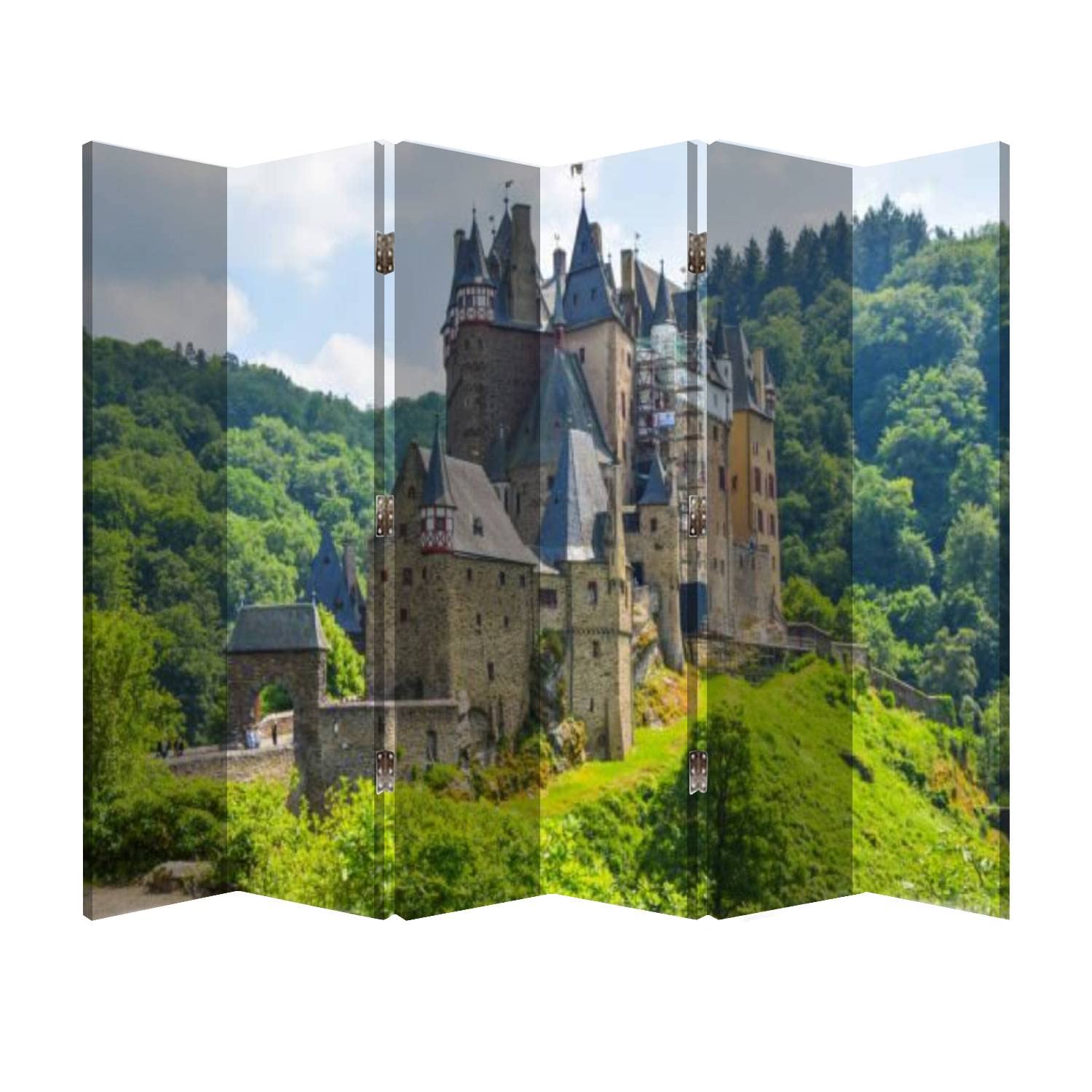 6 Panel Wooden Folding Room Divider Screen - Canvas Privacy Partition with Eltz Castle Rhineland Palatinate Germany Design - Office & Home Decor for Bedroom, Living Room, and Workspace Separation