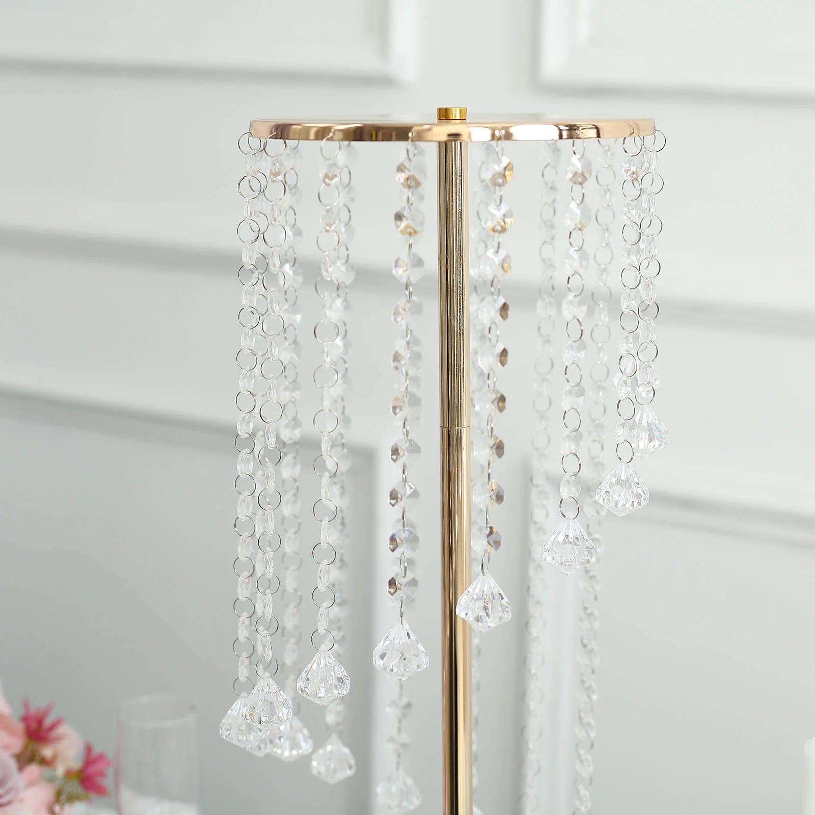 2 Pack Metal Flower Display Stands with Spiral Hanging Crystal Beads - Gold & Clear Wedding Centerpiece Decor for Table, Party, Home Decor