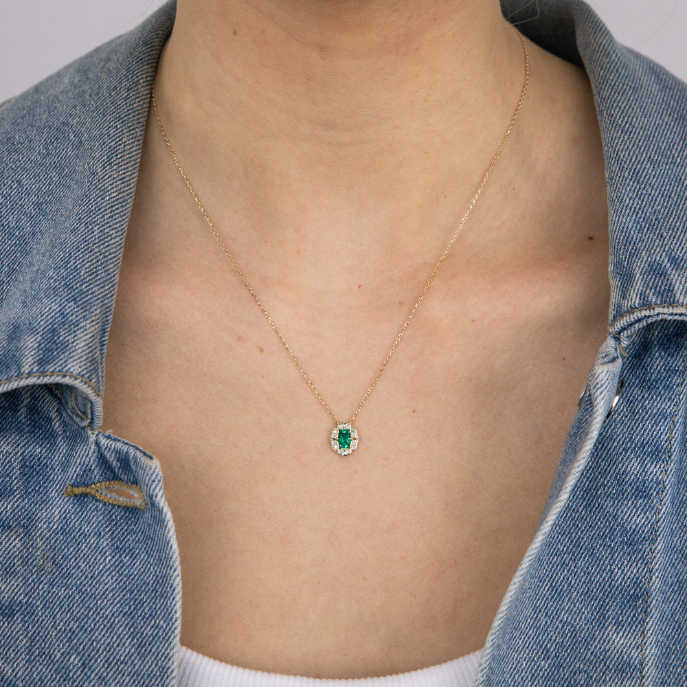 0.40 Carat Lab-Created Emerald & Diamond Oval Pendant in 9K Yellow Gold | Elegant Necklace for Women, Perfect Gift for Anniversary, Birthday & Special Occasions