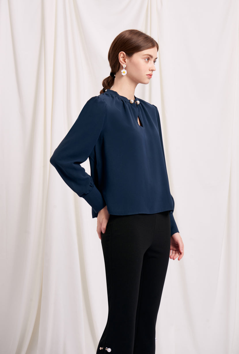 Buvette Pearl Blouse for Women - Elegant Navy Blue Tops with Pearl Details | Perfect for Office Wear, Date Night & Special Occasions