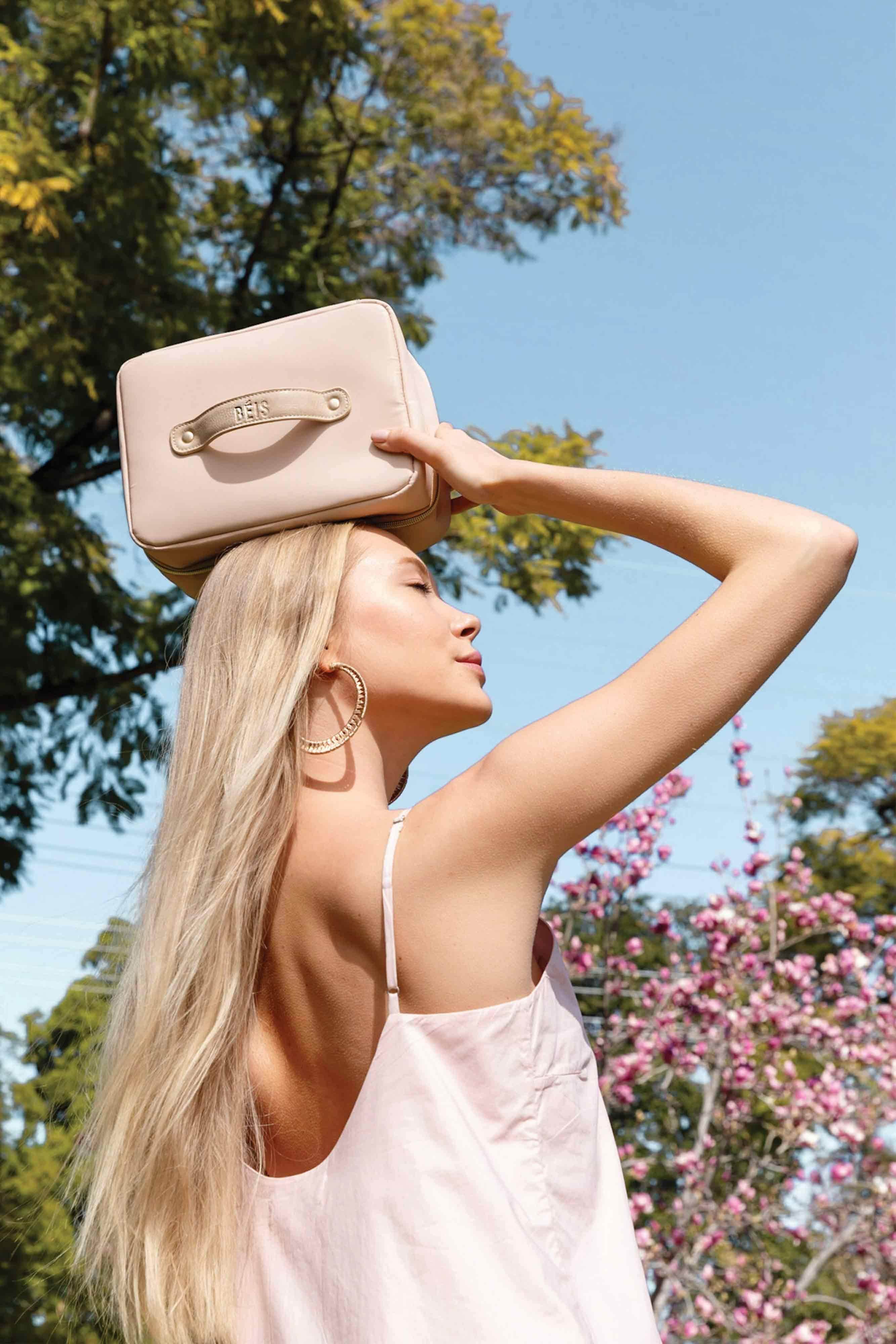 Beige Hanging Cosmetic Bag - Travel Makeup Organizer with Hooks for Bathroom, Dorm, or Gym Storage | Portable & Spacious Toiletry Pouch