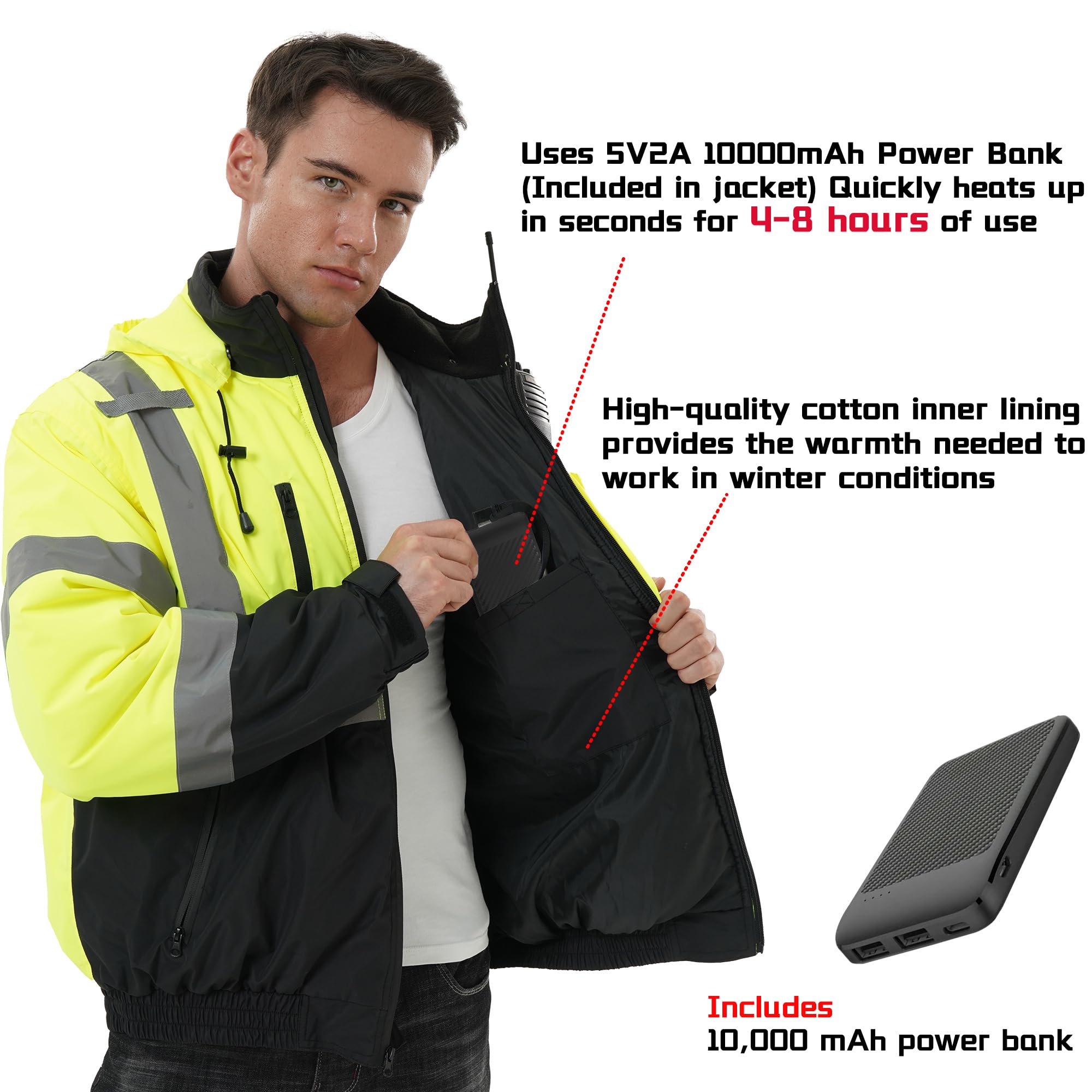 SKSAFETY Class 3 Hi-Vis Waterproof Heated Bomber Jacket with 3M Reflective Tape - Professional Safety Work Coat for Construction & Outdoor Winter Wear (Lime Green, Medium) - Ideal for Cold Weather Work Sites, Road Construction & Nighttime Visibility