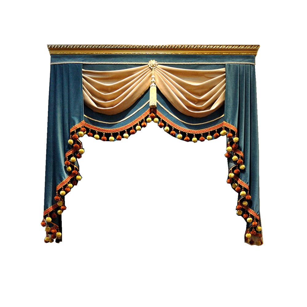 Custom Blue Velvet Swag Valance Curtain - European Waterfall Design with Pom Poms | Rod Pocket Blackout Panel (59