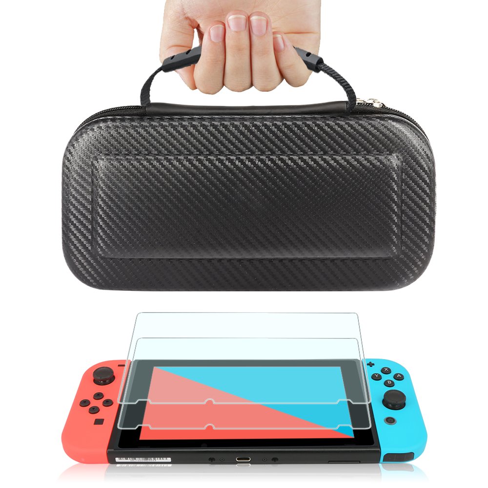 Premium Carbon Fiber Hard Travel Case for Nintendo Switch with 2 Pack Tempered Glass Screen Protectors | Durable Protective Shell & Carry Pouch (Black) | Perfect for Gaming On-The-Go & Travel Protection