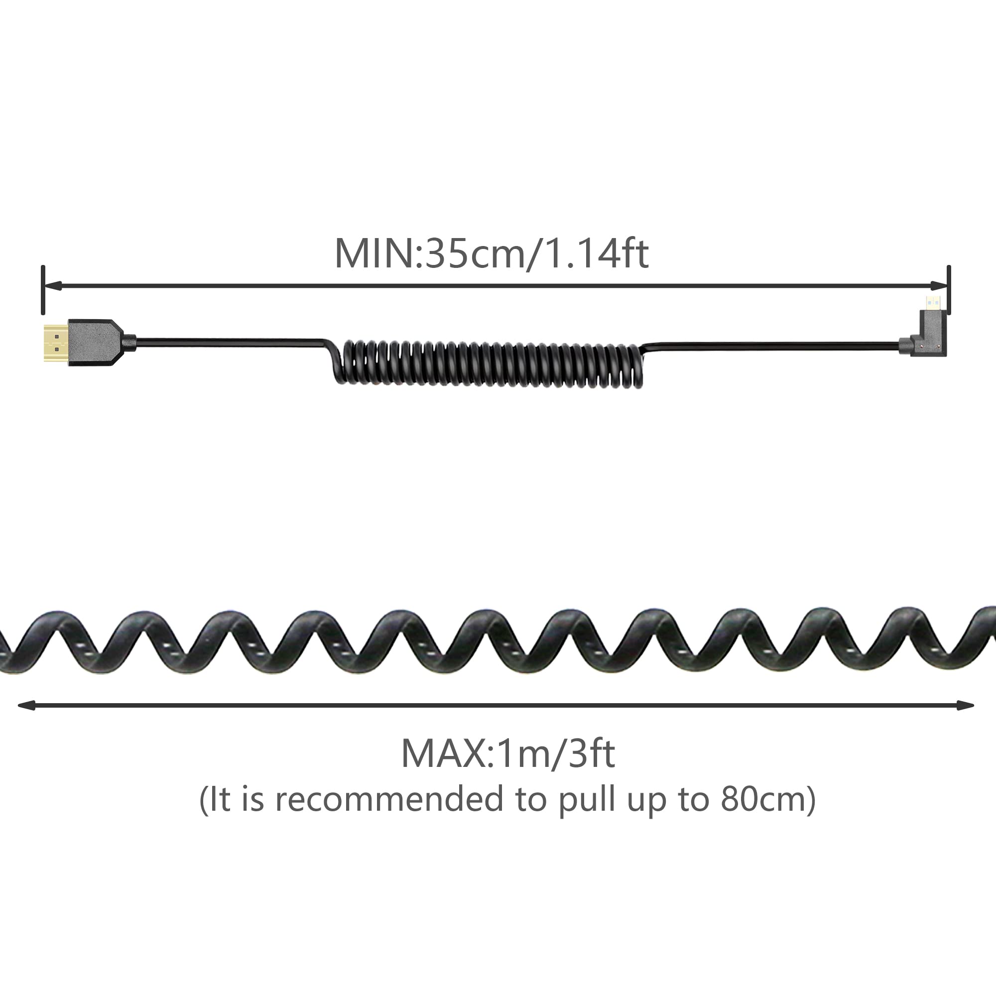 YACSEJAO 8K HDMI 2.1 Coiled Telescopic Cable - Micro HDMI to HDMI, High Speed 48Gbps, 120Hz, Dynamic HDR - Perfect for Digital Cameras, DSLRs, and Professional Video Equipment (Left Angle Design)