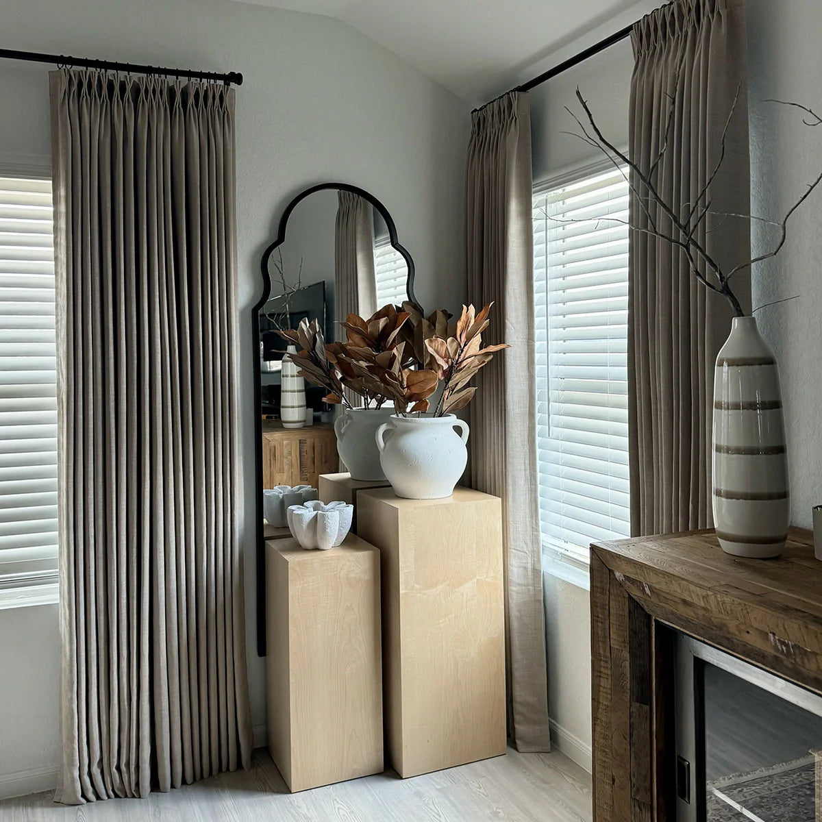 Pinch Pleated Blackout Curtains - Linen Memory Fabric, Natural Oak & Dim Grey - Modern Custom Drapes for Living Room & Bedroom - Light Blocking & Noise Reducing Window Treatments