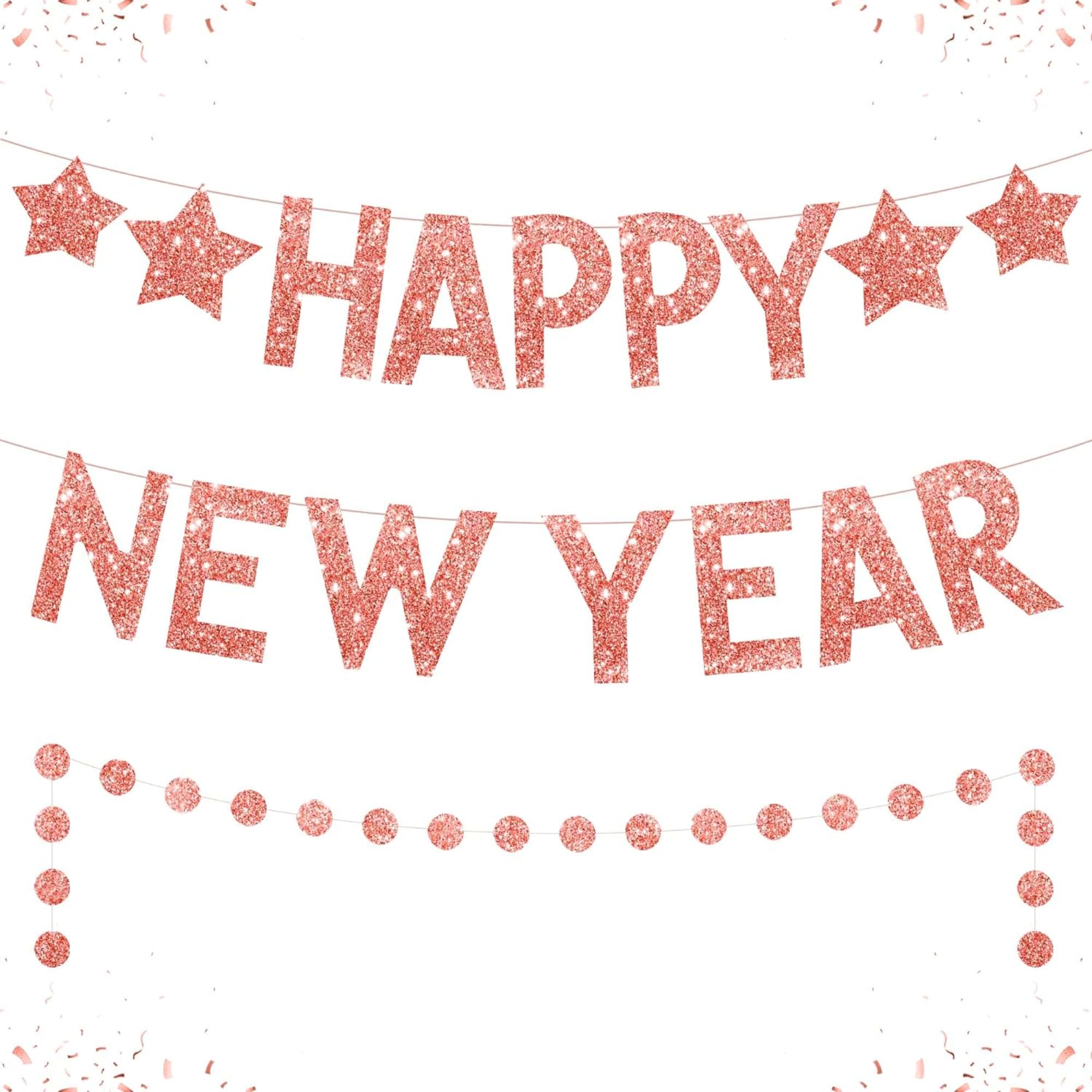 KatchOn 10ft Rose Gold Glitter New Year's Banner 2025 - Pre-Strung Happy New Year Decor with Garland | 2025 New Year's Eve Party Supplies for Wall Decor, Countdown Events & Festive Celebrations