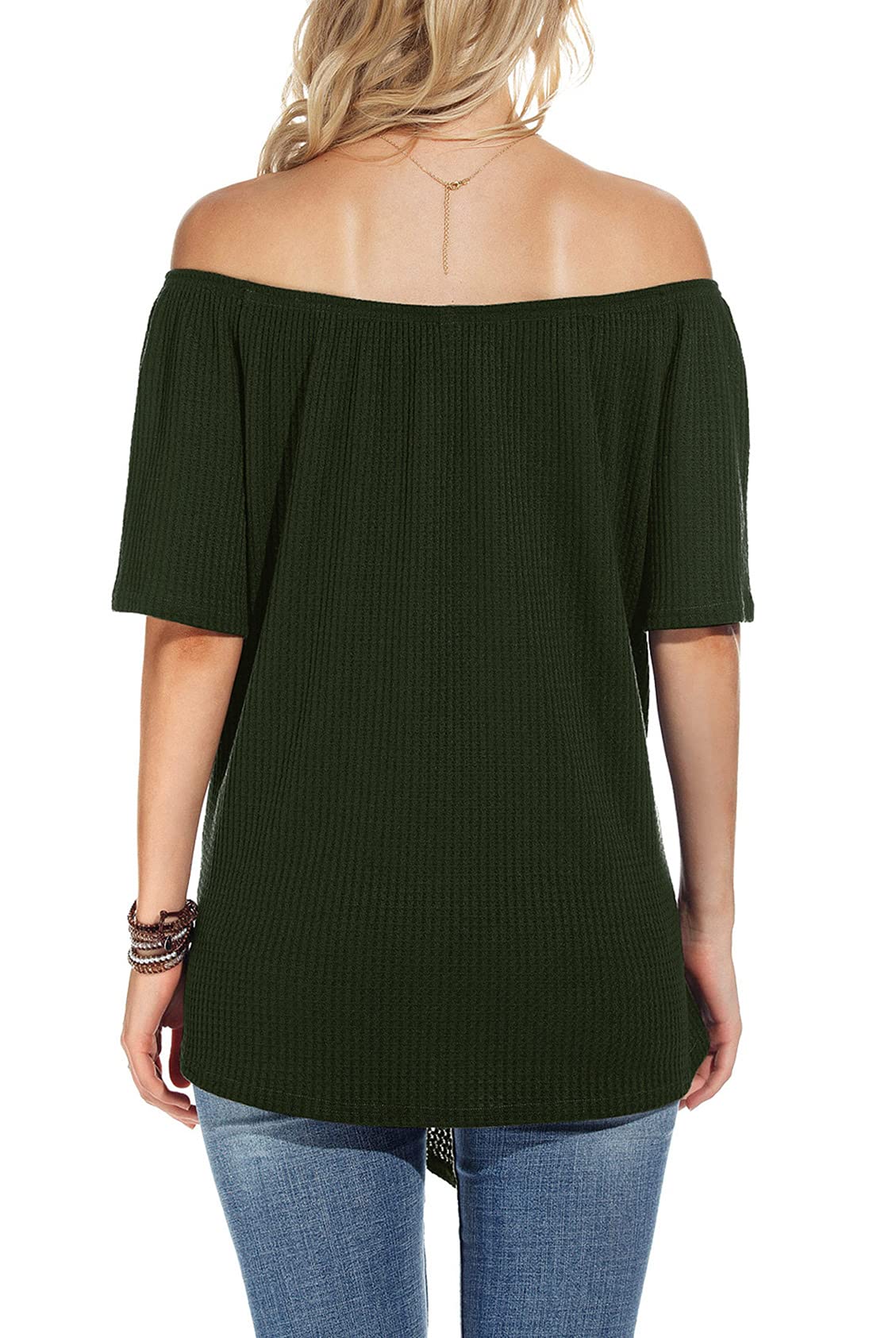 Women's Waffle Knit Off-Shoulder Top - Casual Short Sleeve Blouse with Tie Knot Detail | Summer Loose T-Shirt for Beach, Vacation & Date Night Outfits