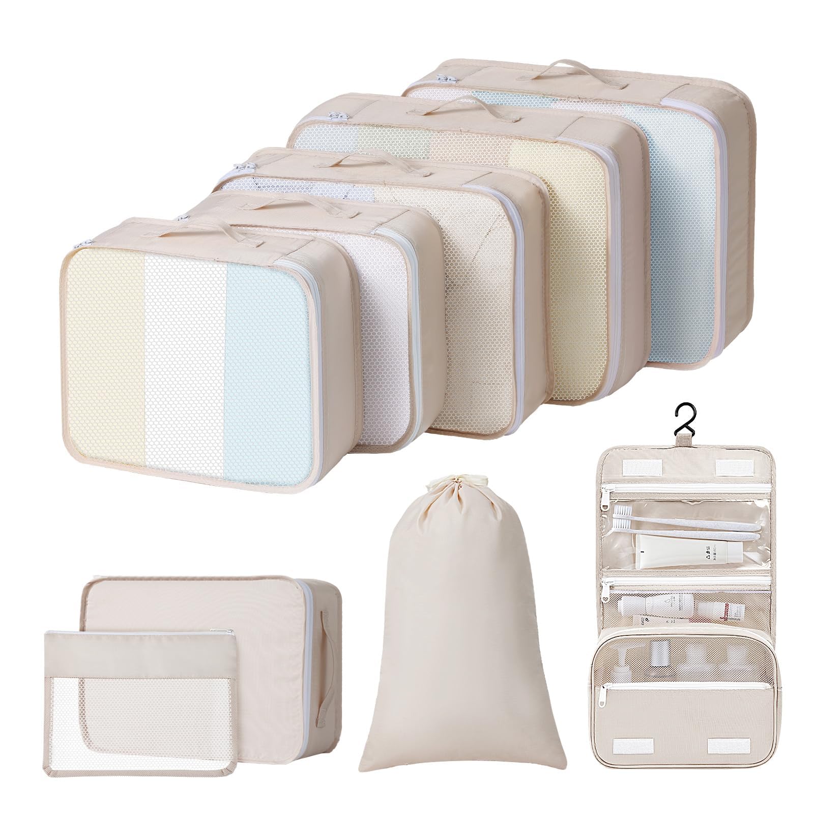 Premium 9-Piece Travel Packing Cubes Set - Large Luggage Organizer with Laundry Bag, Shoe Bag & Toiletry Bag (Beige) | Perfect for Business Trips, Vacations & Weekend Getaways