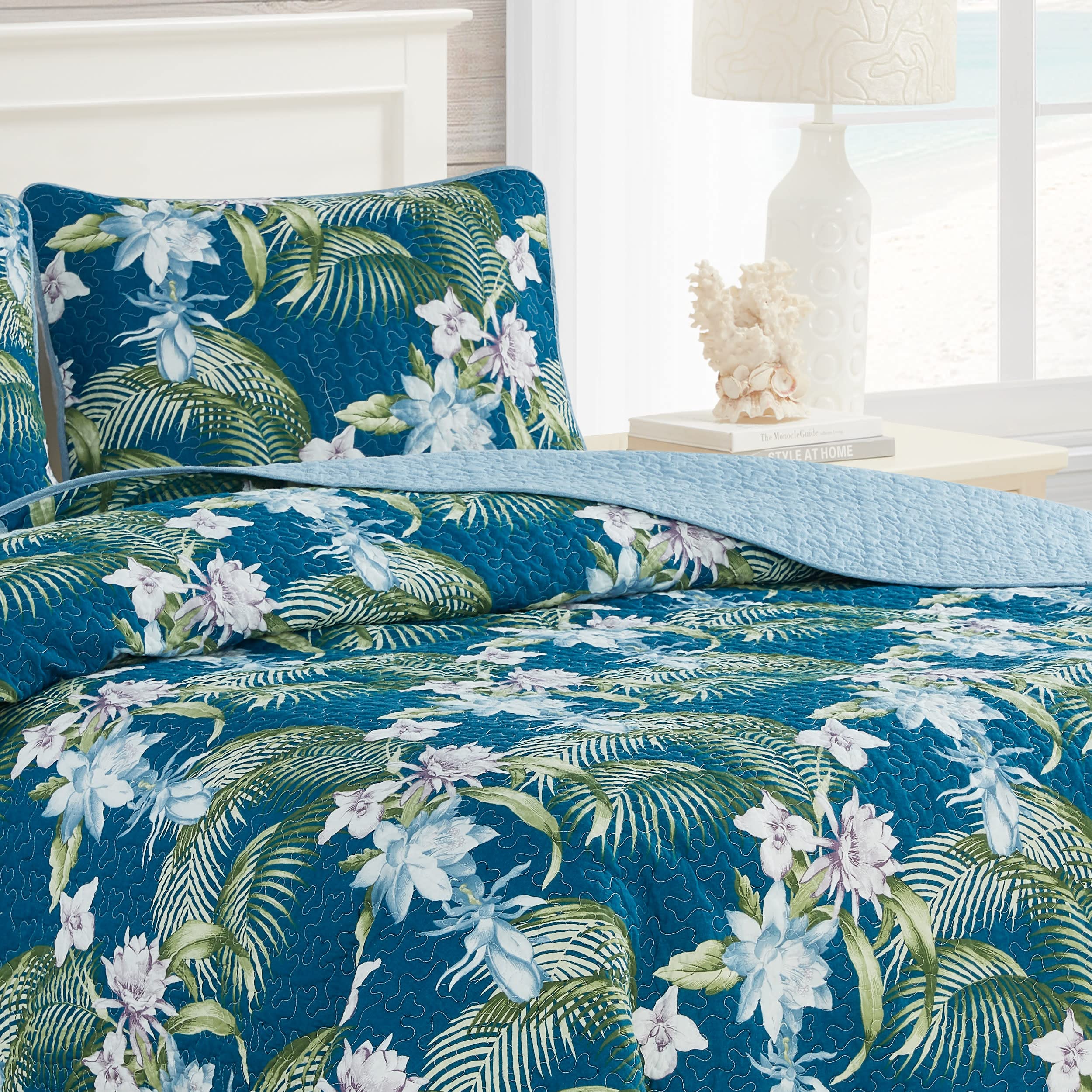Tommy Bahama King Size Reversible Cotton Quilt Set with Matching Shams - Breathable All Seasons Bedding in Southern Breeze Dark Blue | Perfect for Master Bedroom, Guest Room & Coastal Home Decor