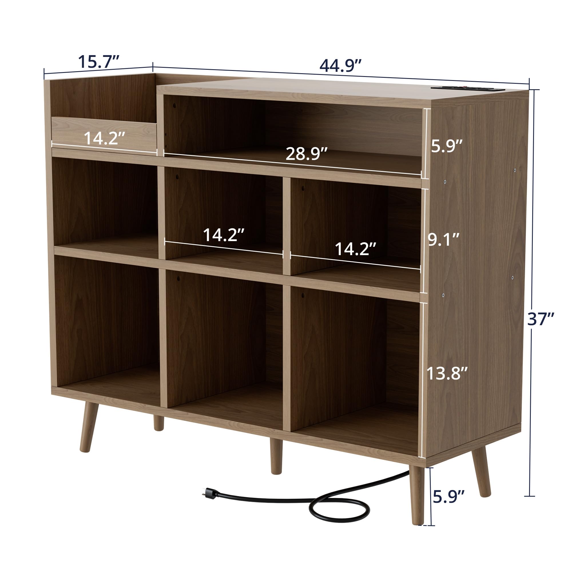 Cozy Castle Record Player Stand - Vinyl Storage Shelf for 500+ Albums, Turntable Cabinet with Power Outlet & Sideboard Storage - Perfect for Living Room, Home Theater & Music Room Decor - Brown