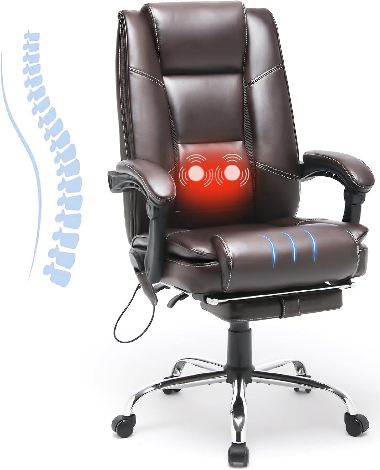 HOMREST 2-Point Massage Executive Office Chair with Footrest - Heated Reclining Ergonomic Desk Chair with Lumbar Support & Armrests - Brown Computer Chair for Home Office, Gaming & Workstation Use